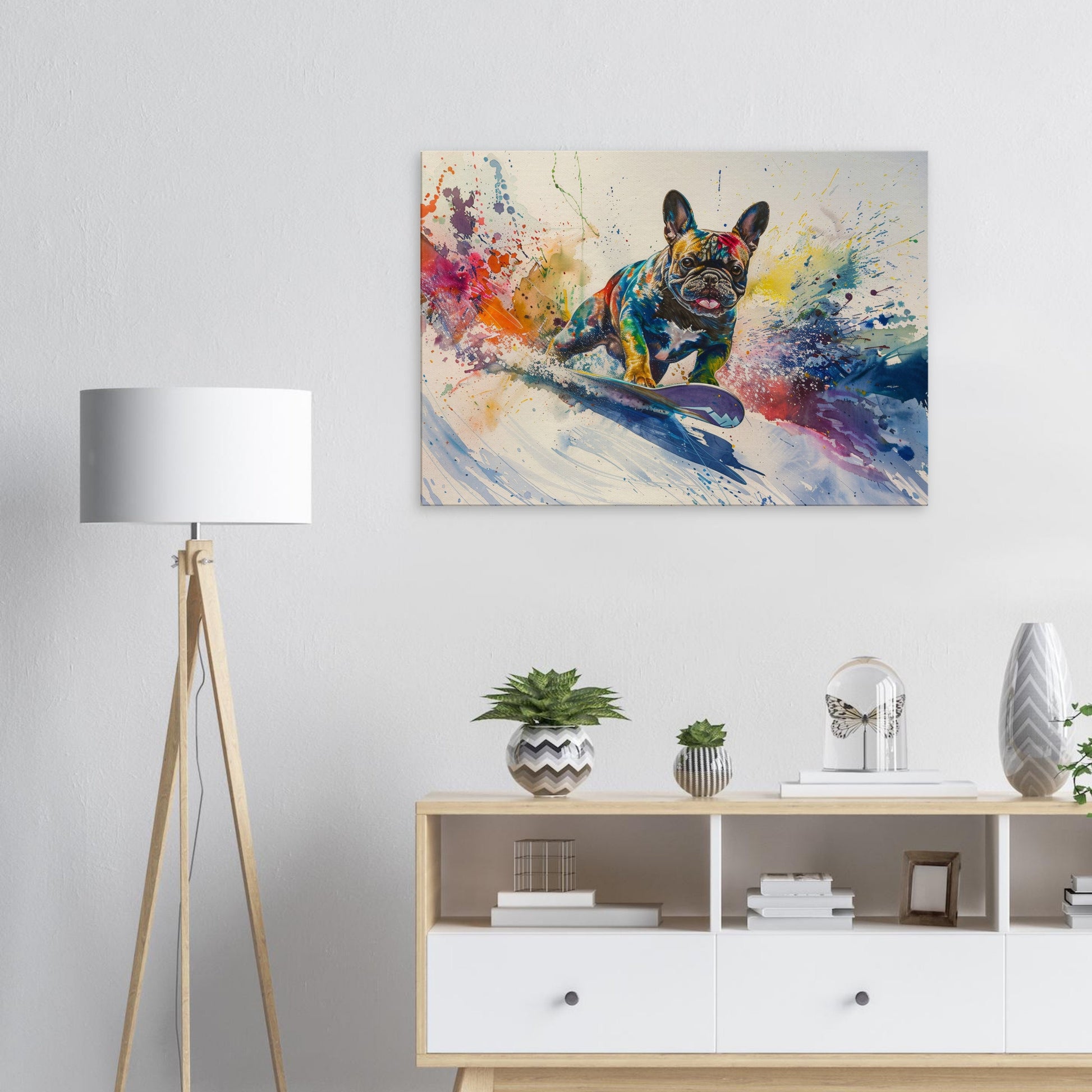 Snowboarding French Bulldog on Canvas. Frenchie Mom Dad Snowboarder Skiier Snowboard Lover Room Decor Gift. Watercolour Wall Art Print - CanvasityCrafts - Free Shipping