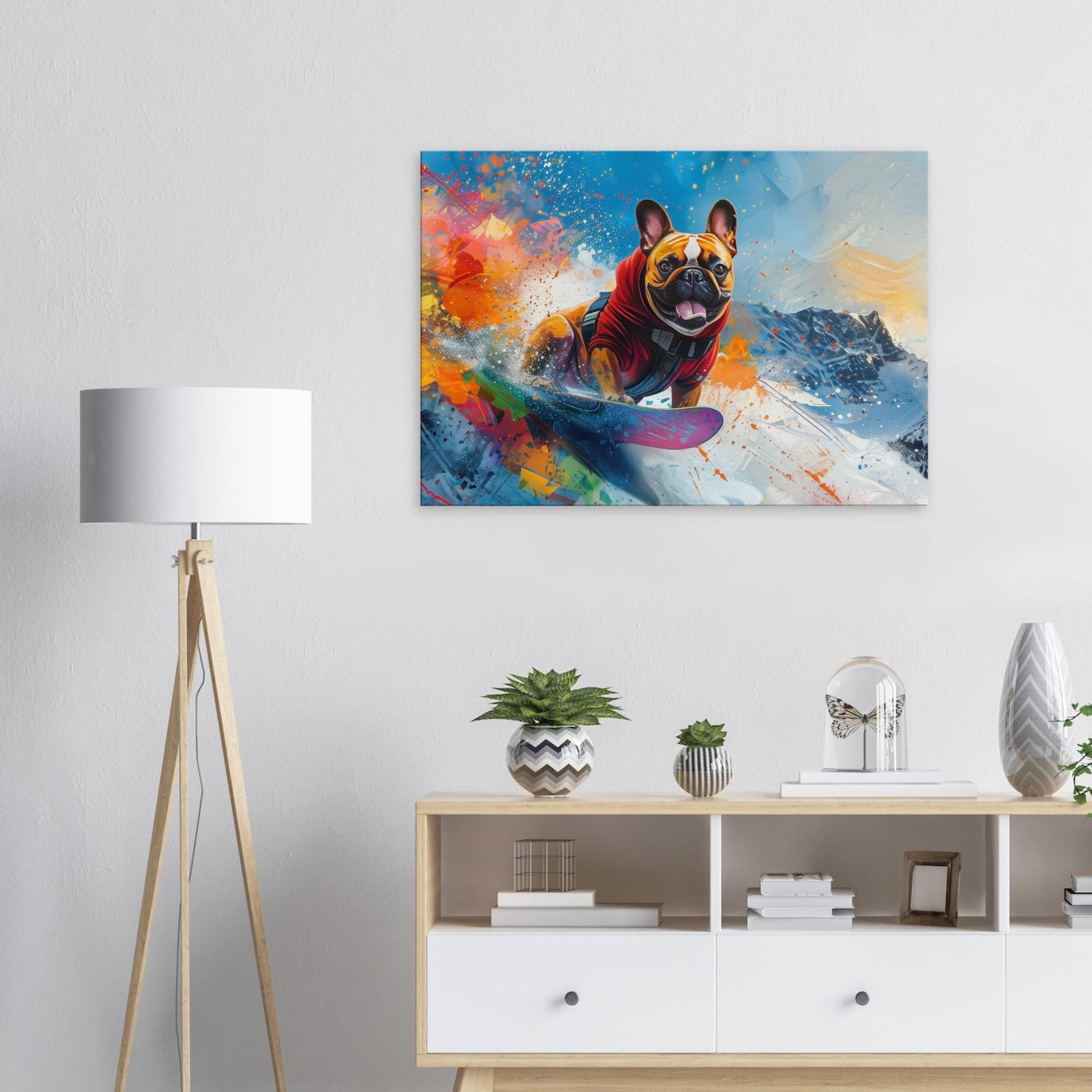 French Bulldog Snowboarder on Canvas. Frenchie Mom Dad Snowboarding Skiier Snowboard Lover Room Decor Gift. Watercolour Wall Art Print - CanvasityCrafts - Free Shipping