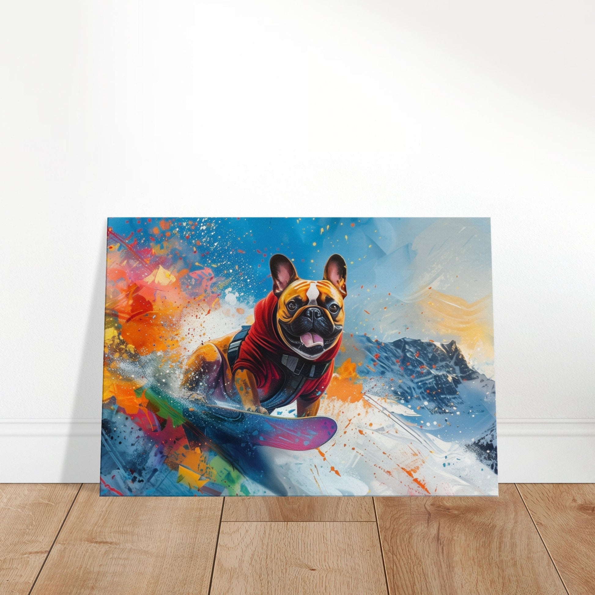 French Bulldog Snowboarder on Canvas. Frenchie Mom Dad Snowboarding Skiier Snowboard Lover Room Decor Gift. Watercolour Wall Art Print - CanvasityCrafts - Free Shipping