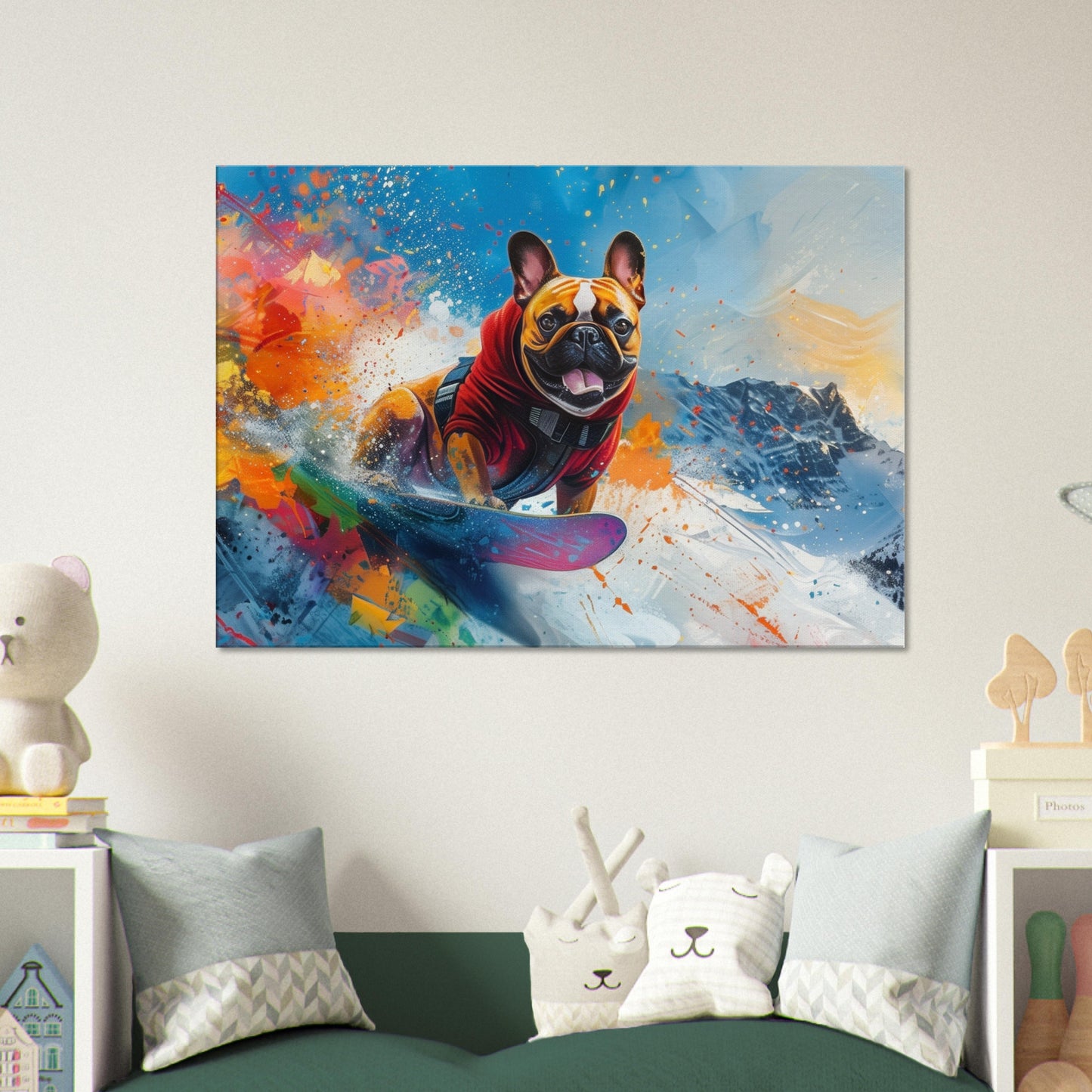 French Bulldog Snowboarder on Canvas. Frenchie Mom Dad Snowboarding Skiier Snowboard Lover Room Decor Gift. Watercolour Wall Art Print - CanvasityCrafts - Free Shipping