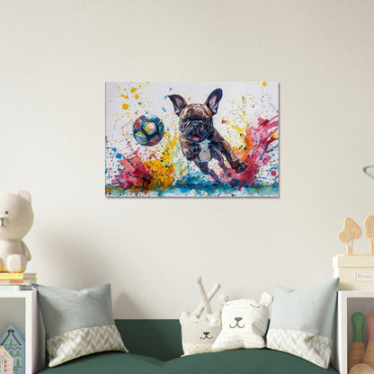 Colourful French Bulldog Playing Football Soccer on Canvas. Frenchie Mom Dad Sports Lover Teen Room Decor Gift. Paint Splash Wall Art Print - CanvasityCrafts - Free Shipping