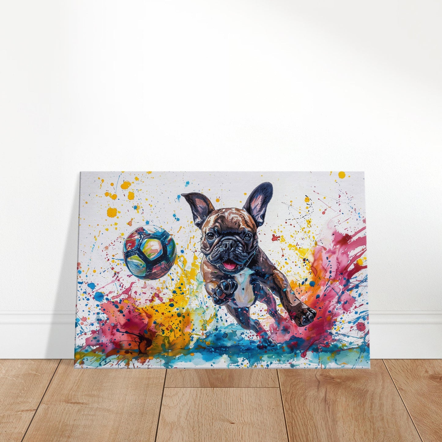 Colourful French Bulldog Playing Football Soccer on Canvas. Frenchie Mom Dad Sports Lover Teen Room Decor Gift. Paint Splash Wall Art Print - CanvasityCrafts - Free Shipping