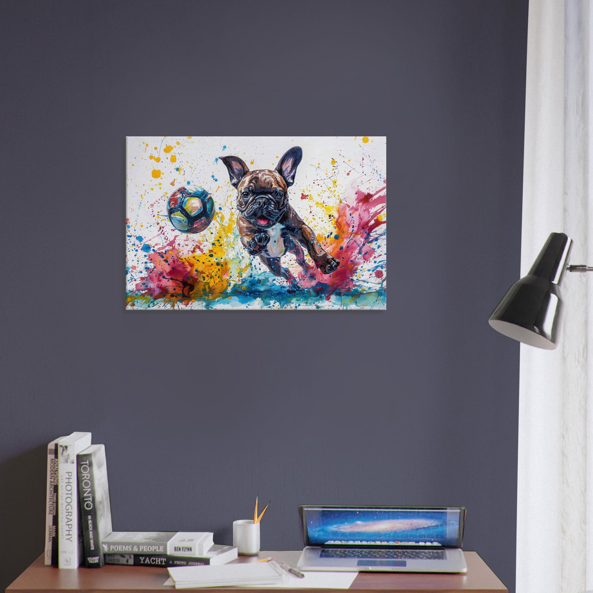 Colourful French Bulldog Playing Football Soccer on Canvas. Frenchie Mom Dad Sports Lover Teen Room Decor Gift. Paint Splash Wall Art Print - CanvasityCrafts - Free Shipping