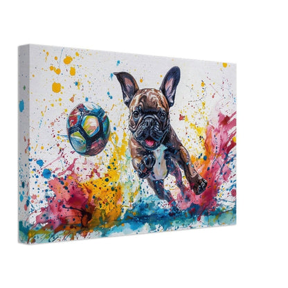 Colourful French Bulldog Playing Football Soccer on Canvas. Frenchie Mom Dad Sports Lover Teen Room Decor Gift. Paint Splash Wall Art Print - CanvasityCrafts - Free Shipping