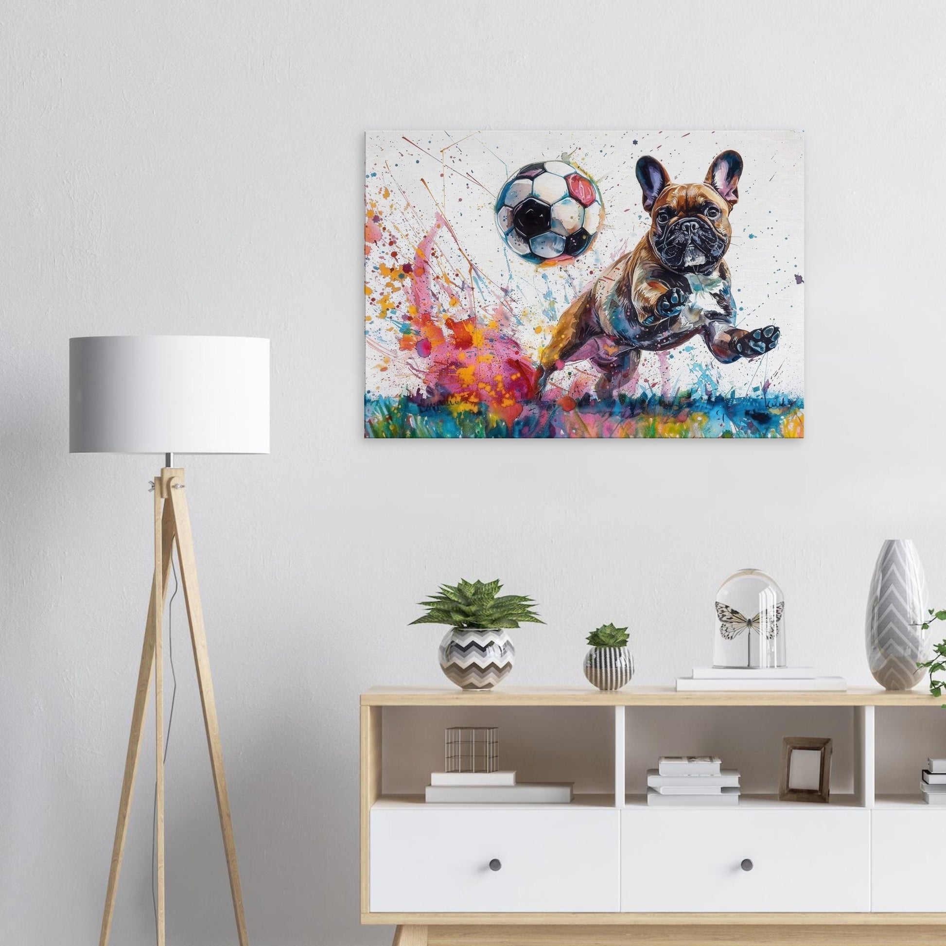 HEADS! French Bulldog Playing Football Soccer on Canvas. Frenchie Mom Dad Sports Lover Room Decor Gift. Watercolour Paint Splash Wall Art - CanvasityCrafts - Free Shipping