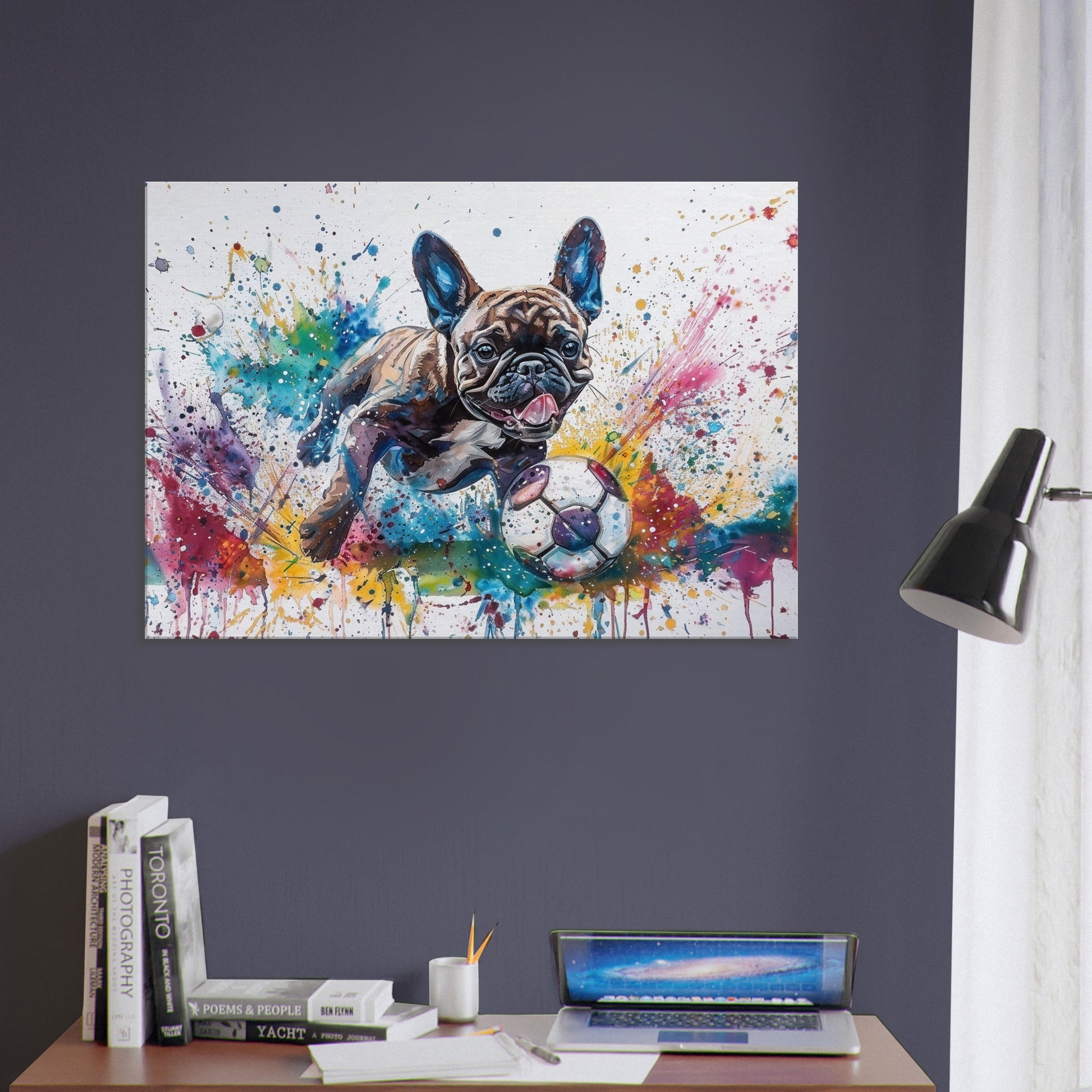 Paint Splash French Bulldog Playing Football Soccer on Canvas. Frenchie Mom Dad Sports Lover Room Decor Gift. Watercolour Wall Art Print - CanvasityCrafts - Free Shipping