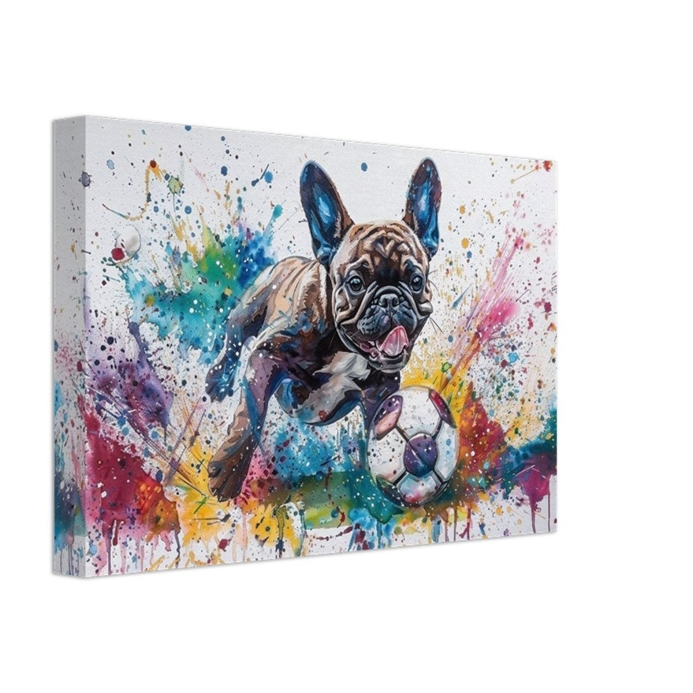 Paint Splash French Bulldog Playing Football Soccer on Canvas. Frenchie Mom Dad Sports Lover Room Decor Gift. Watercolour Wall Art Print - CanvasityCrafts - Free Shipping