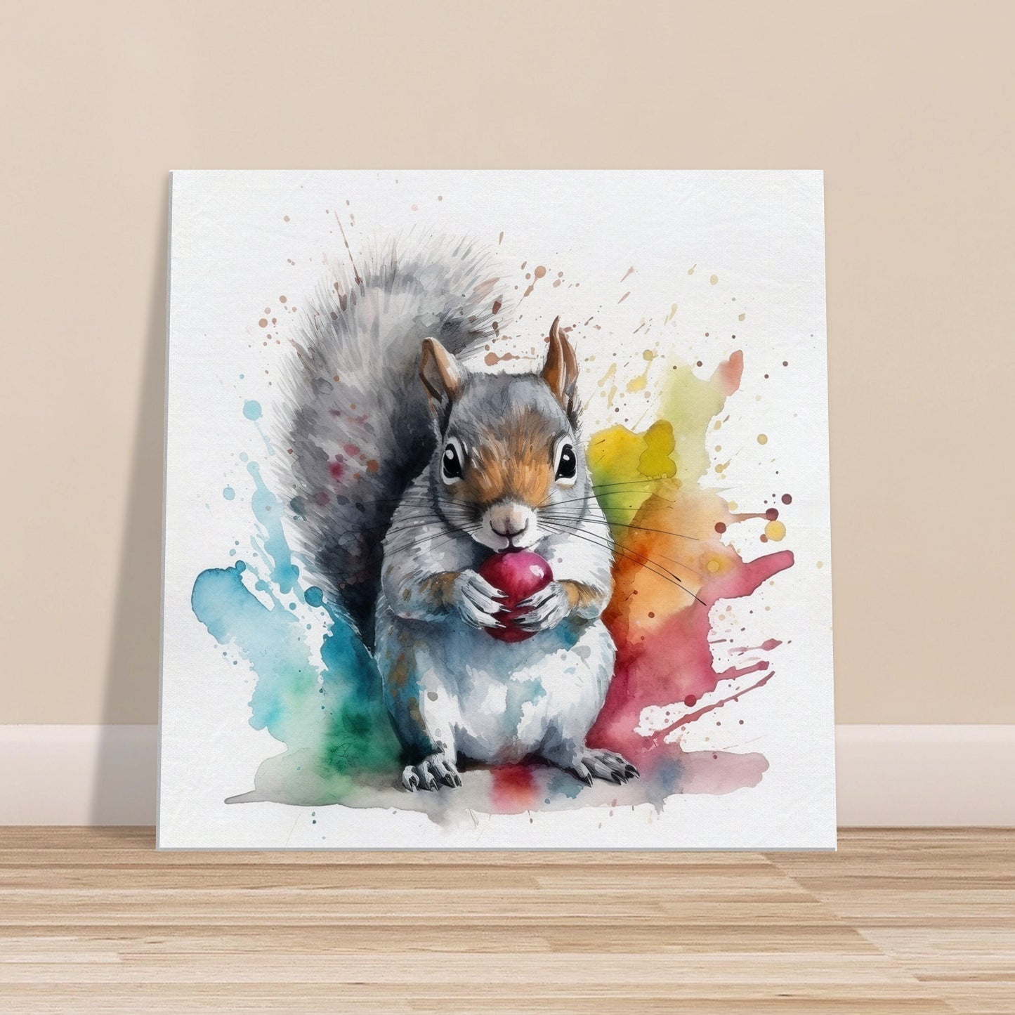 Watercolour Grey Squirrel Canvas Print. Colourful Paint Splash Gray Squirrel Nursery Decor, Animal Wall Art, Nut Lover Gift, Modern Home - CanvasityCrafts - Free Shipping