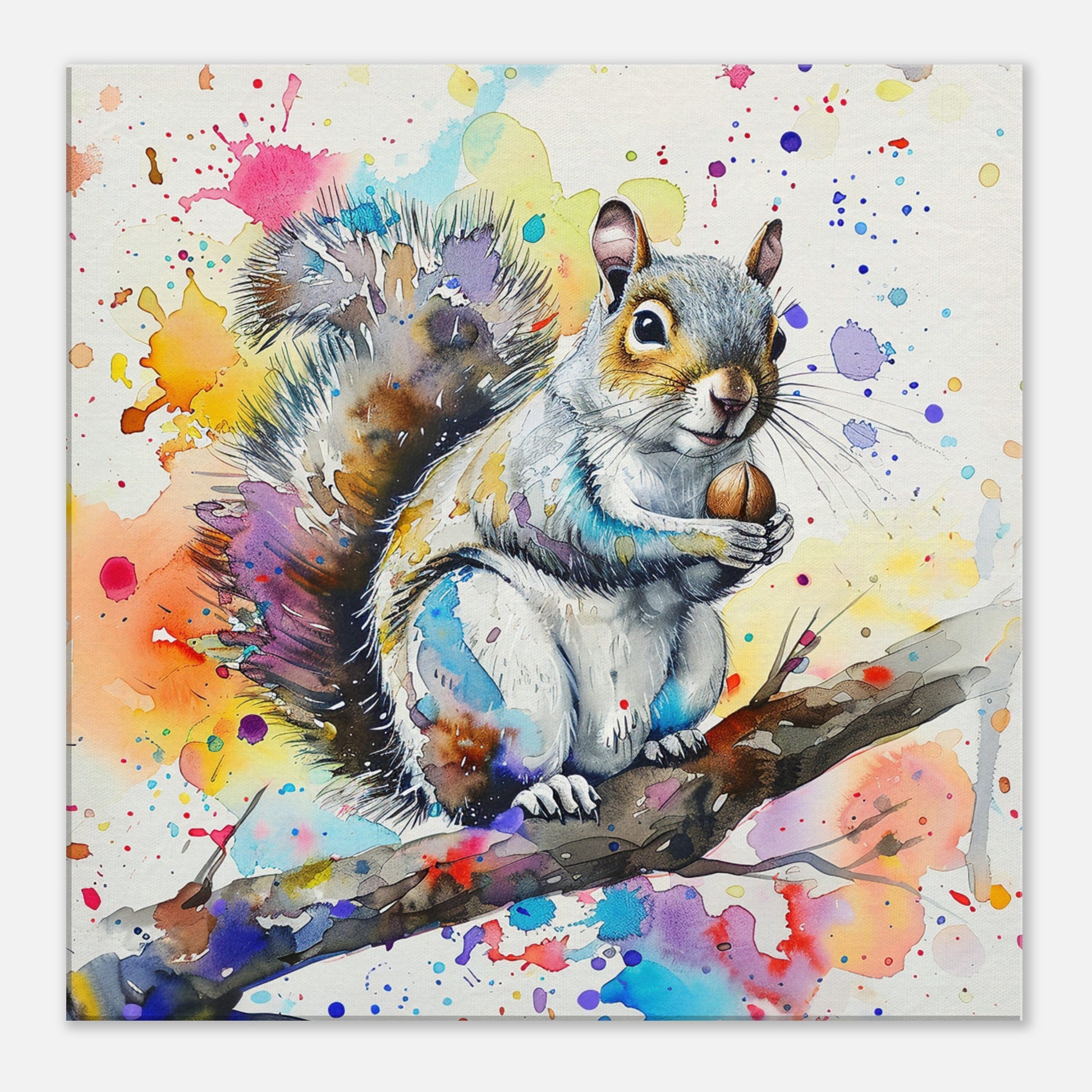 Watercolour Grey Squirrel Canvas Print. Paint Splash Gray Squirrel Nursery Decor, Animal Wall Art, Nut Lover Gift, Modern Home - CanvasityCrafts - Free Shipping