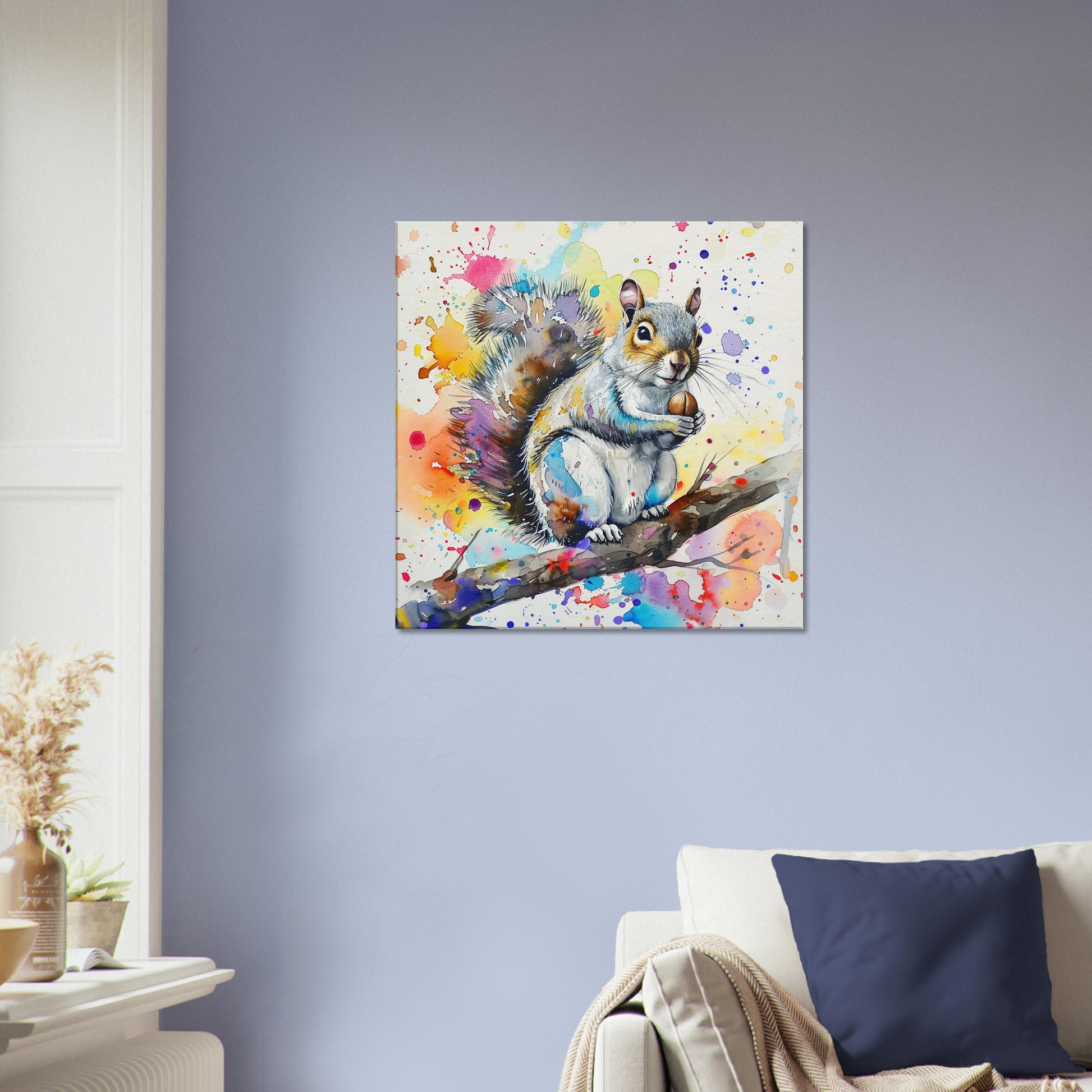 Watercolour Grey Squirrel Canvas Print. Paint Splash Gray Squirrel Nursery Decor, Animal Wall Art, Nut Lover Gift, Modern Home - CanvasityCrafts - Free Shipping