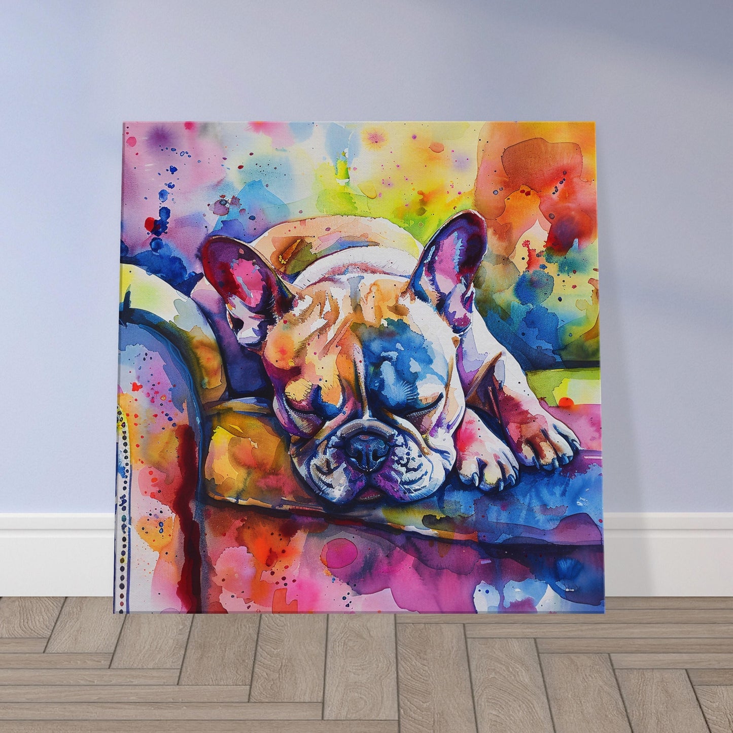 Watercolour Sleeping French Bulldog Canvas Print. Paint Splash Rainbow Decor, Animal Wall Art, Pet Loss Memorial Gift for Frenchie Mom, Dad - CanvasityCrafts - Free Shipping