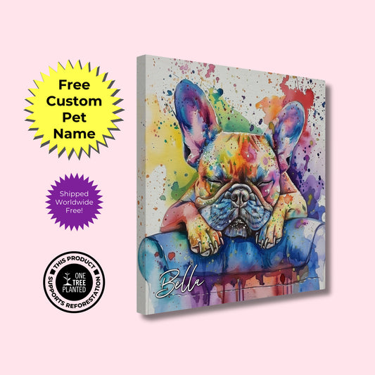 Personalised French Bulldog Canvas Print, Nap-olean Bone-apart! Custom Dog Name. Frenchie Mom, Dad Gift, Rainbow Watercolour Pet Memorial - CanvasityCrafts - Free Shipping