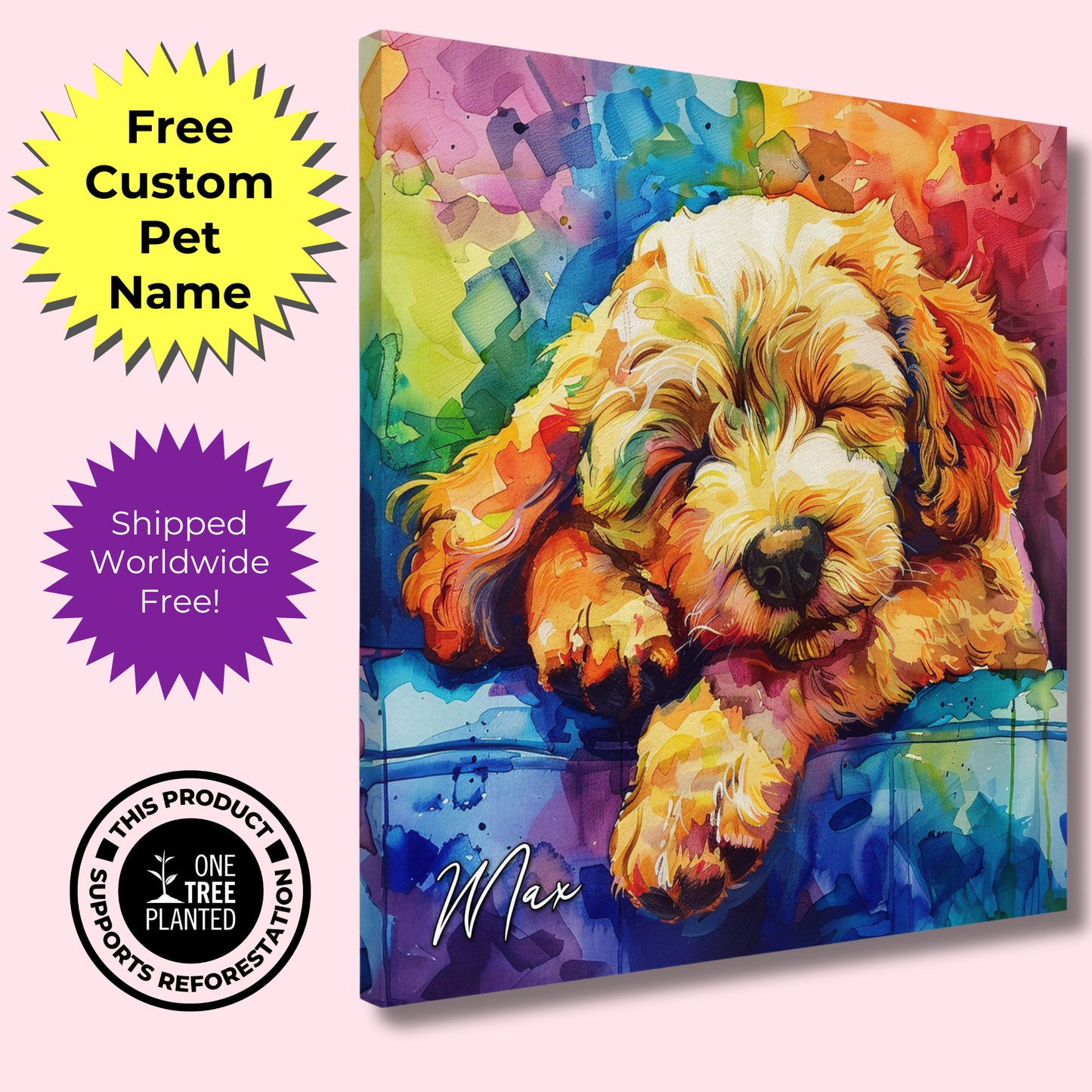 Personalised Cockapoo Canvas Print. Custom Dog Name. Doodle Mom Dad Gift, Rainbow Watercolour Pet Memorial Paint Splash Cavapoo Goldendoodle - CanvasityCrafts - Free Shipping