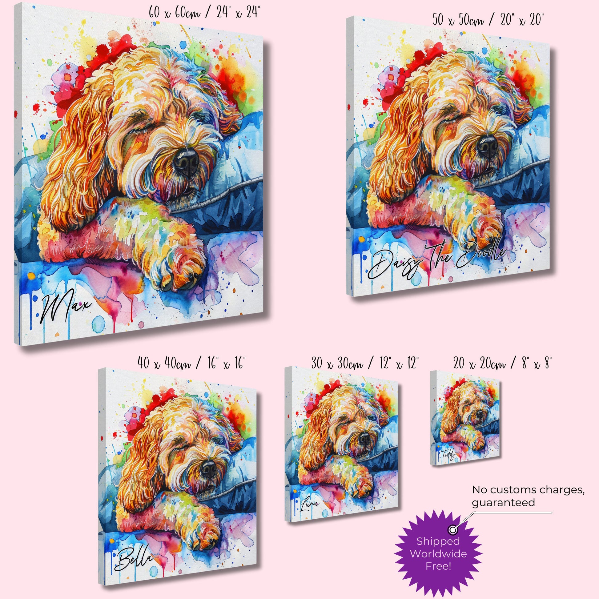 Personalised Cockapoo Canvas Print. Custom Dog Name. Doodle Mom Dad Gift, Rainbow Watercolour Pet Memorial Paint Splash Cavapoo Goldendoodle - CanvasityCrafts - Free Shipping