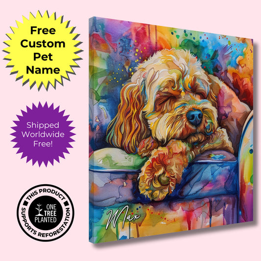 Personalised Cockapoo Canvas Print. Custom Dog Name. Doodle Mom Dad Gift, Rainbow Watercolour Pet Memorial Paint Splash Cavapoo Goldendoodle - CanvasityCrafts - Free Shipping