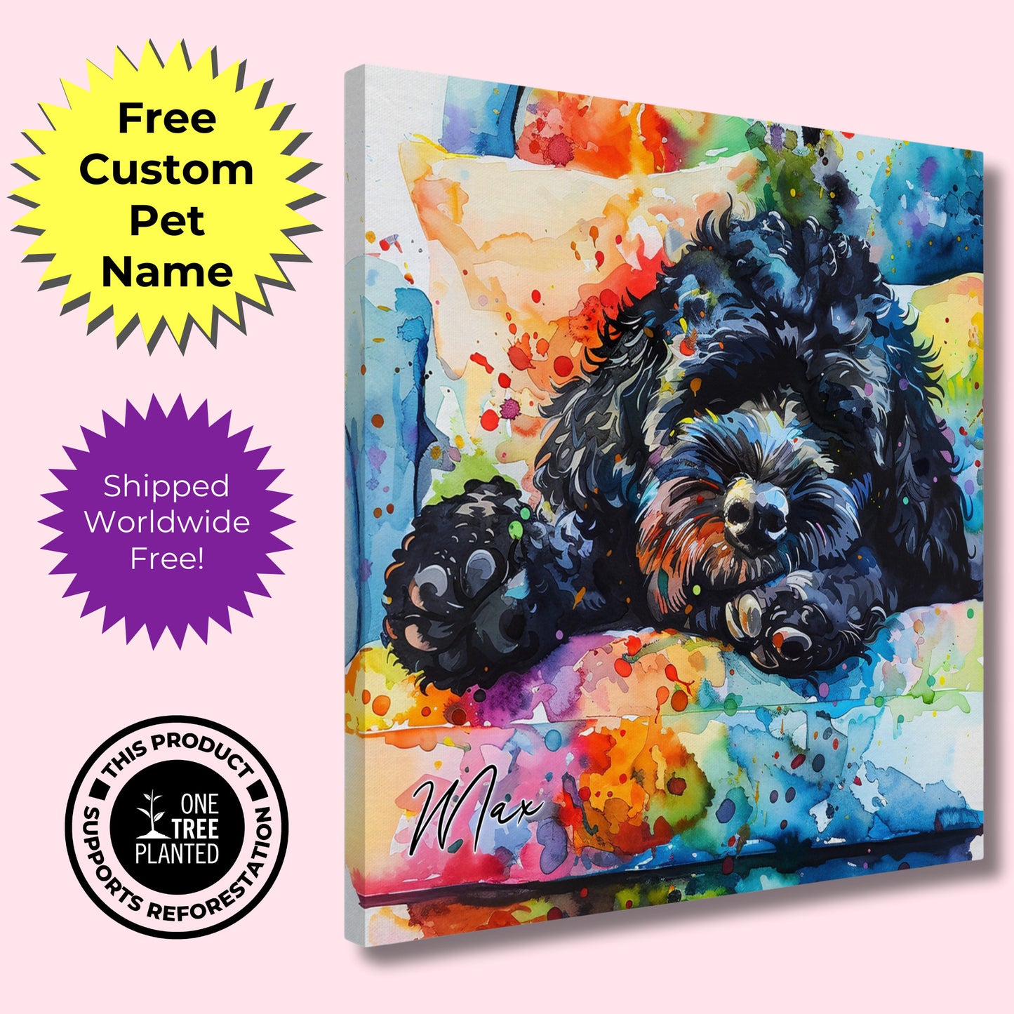 Personalised Cockapoo Canvas Print. Custom Dog Name. Doodle Mom Dad Gift, Rainbow Watercolour Pet Memorial Paint Splash Cavapoo Goldendoodle - CanvasityCrafts - Free Shipping