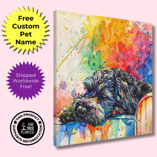 Personalised Black Cockapoo Sleeping Canvas Print. Custom Dog Name. Doodle Mom Dad Gift, Rainbow Watercolour Memorial Paint Splash Cavapoo - CanvasityCrafts - Free Shipping