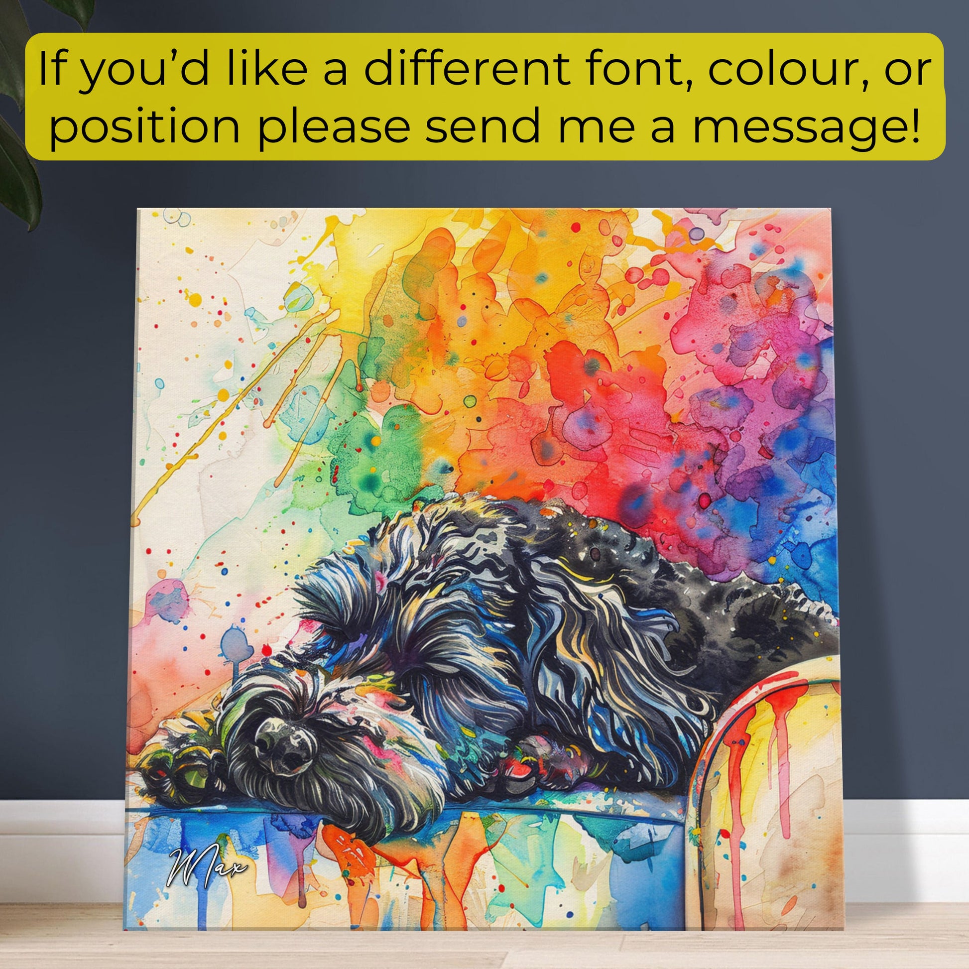 Personalised Black Cockapoo Sleeping Canvas Print. Custom Dog Name. Doodle Mom Dad Gift, Rainbow Watercolour Memorial Paint Splash Cavapoo - CanvasityCrafts - Free Shipping