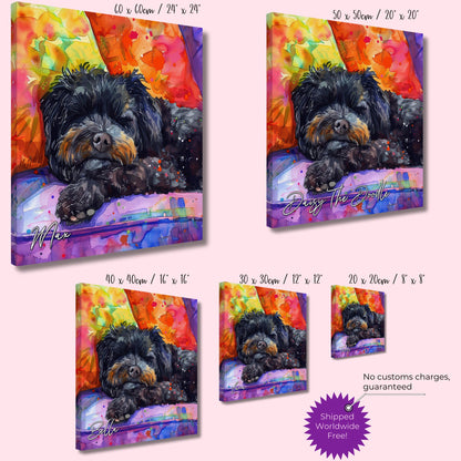 Personalised Black Cockapoo Canvas Print. Custom Dog Name. Sleeping Doodle Mom Dad Gift, Rainbow Watercolour Memorial Paint Splash Cavapoo - CanvasityCrafts - Free Shipping