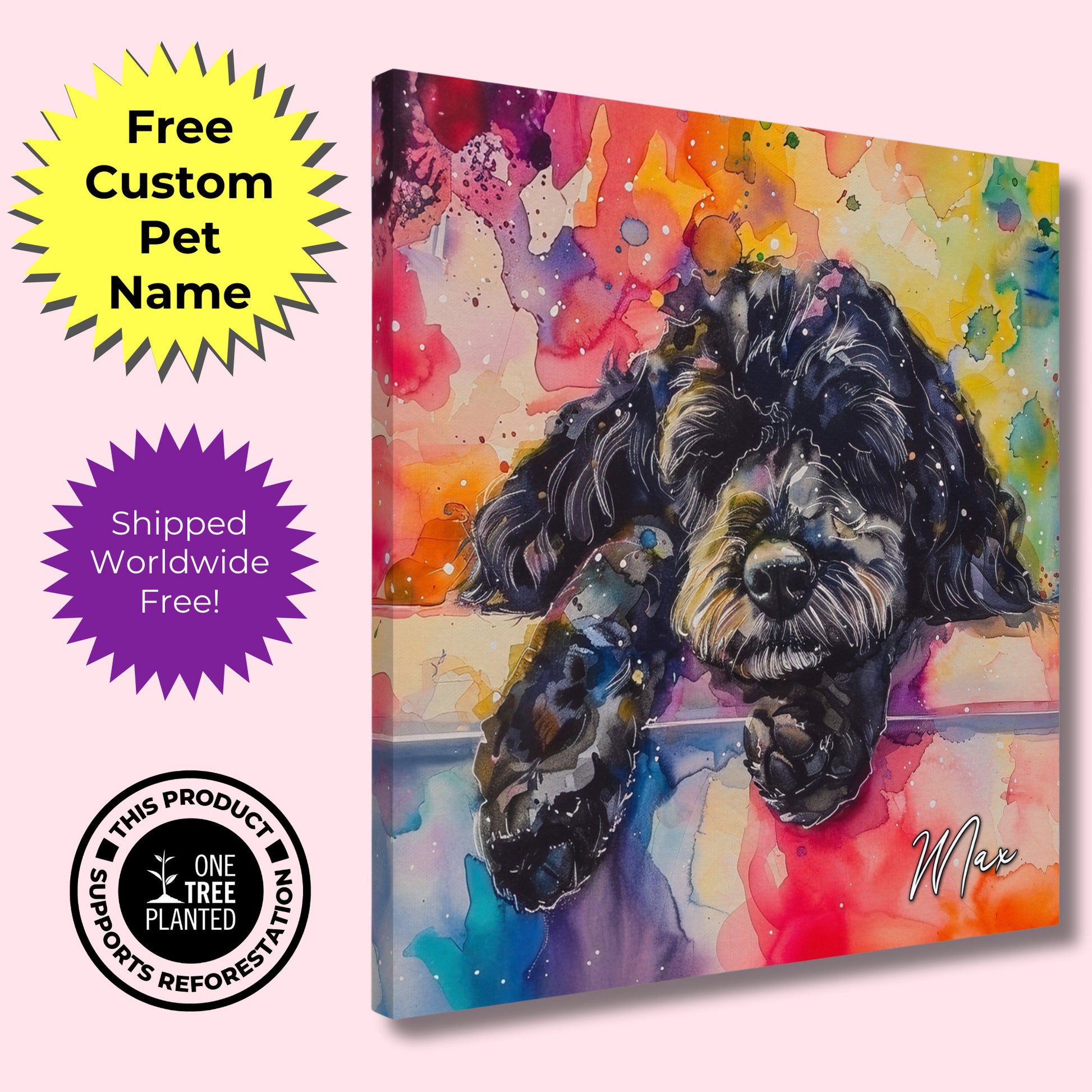 Personalised Black Cockapoo Canvas Print. Custom Dog Name. Sleeping Doodle Mom Dad Gift, Rainbow Watercolour Memorial Paint Splash Cavapoo - CanvasityCrafts - Free Shipping