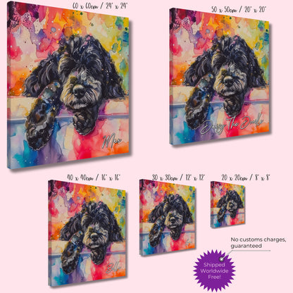 Personalised Black Cockapoo Canvas Print. Custom Dog Name. Sleeping Doodle Mom Dad Gift, Rainbow Watercolour Memorial Paint Splash Cavapoo - CanvasityCrafts - Free Shipping