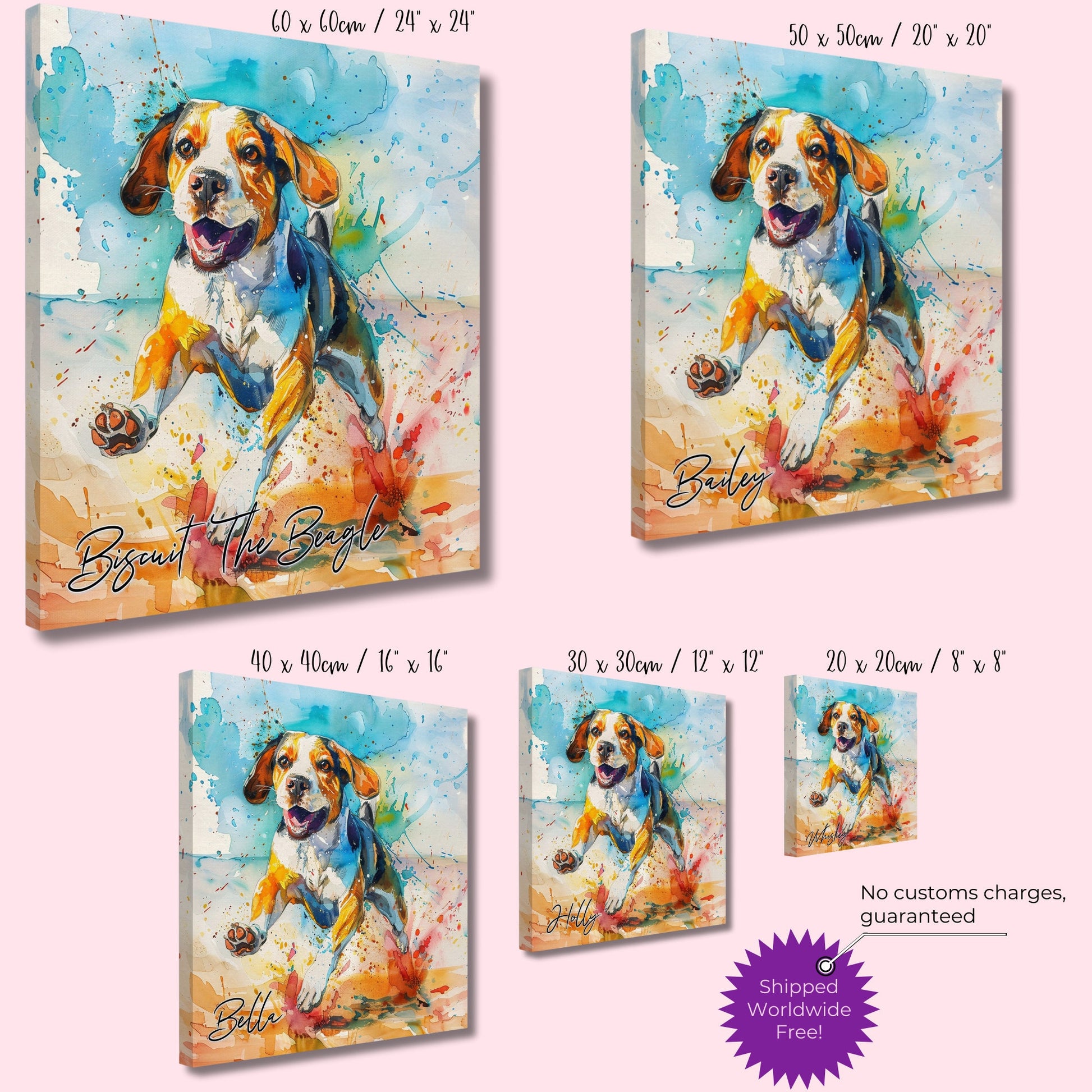 Personalised Beagle on the Beach Canvas Print. Custom Dog Name. Mom, Dad Gift, Rainbow Watercolour Pet Memorial, Paint Splash Painting - CanvasityCrafts - Free Shipping