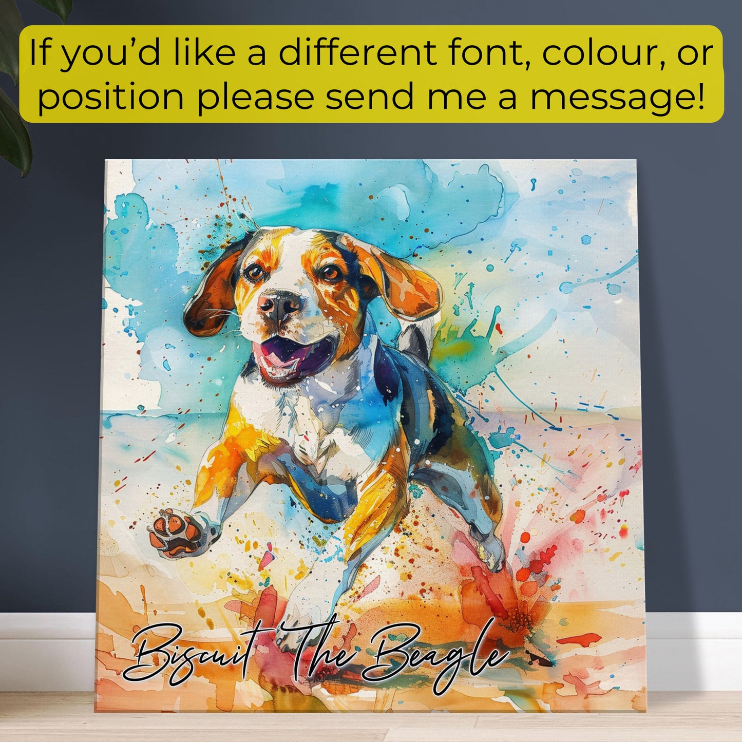 Personalised Beagle on the Beach Canvas Print. Custom Dog Name. Mom, Dad Gift, Rainbow Watercolour Pet Memorial, Paint Splash Painting - CanvasityCrafts - Free Shipping