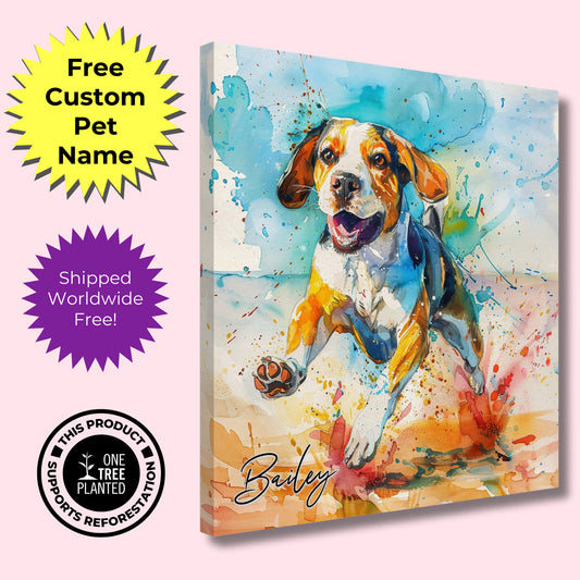 Personalised Beagle on the Beach Canvas Print. Custom Dog Name. Mom, Dad Gift, Rainbow Watercolour Pet Memorial, Paint Splash Painting - CanvasityCrafts - Free Shipping