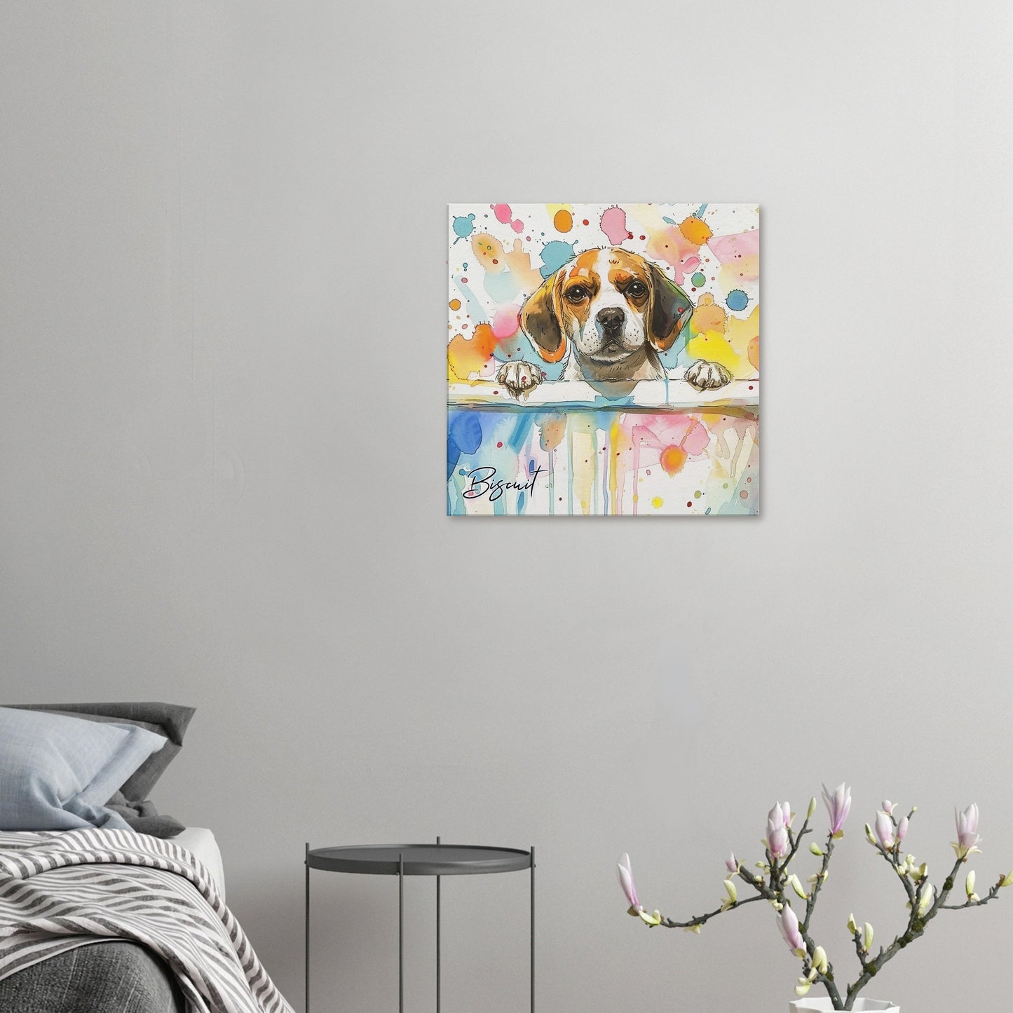 Personalised Beagle in the Bath Canvas Print. Custom Dog Name. Abstract Mom Dad Gift Rainbow Watercolour Pet Bathroom Paint Splash Painting - CanvasityCrafts - Free Shipping