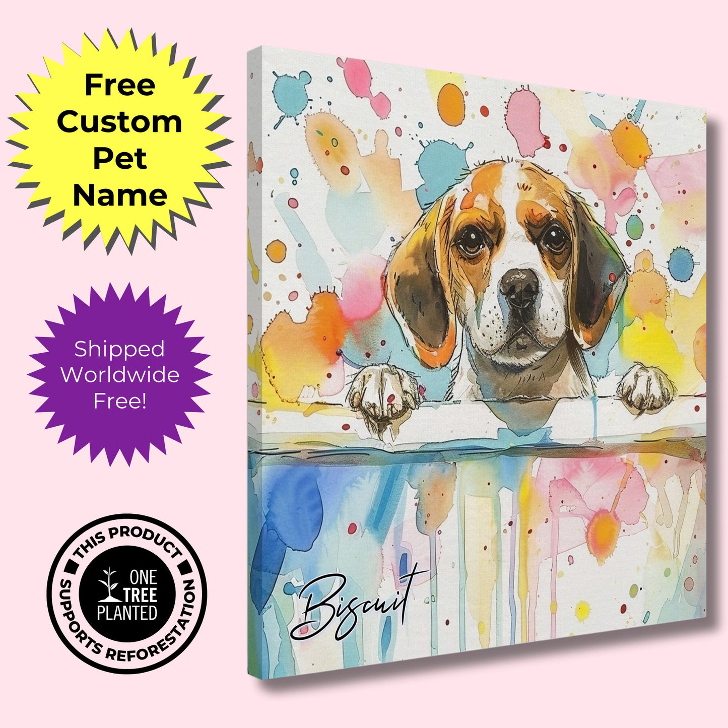 Personalised Beagle in the Bath Canvas Print. Custom Dog Name. Abstract Mom Dad Gift Rainbow Watercolour Pet Bathroom Paint Splash Painting - CanvasityCrafts - Free Shipping