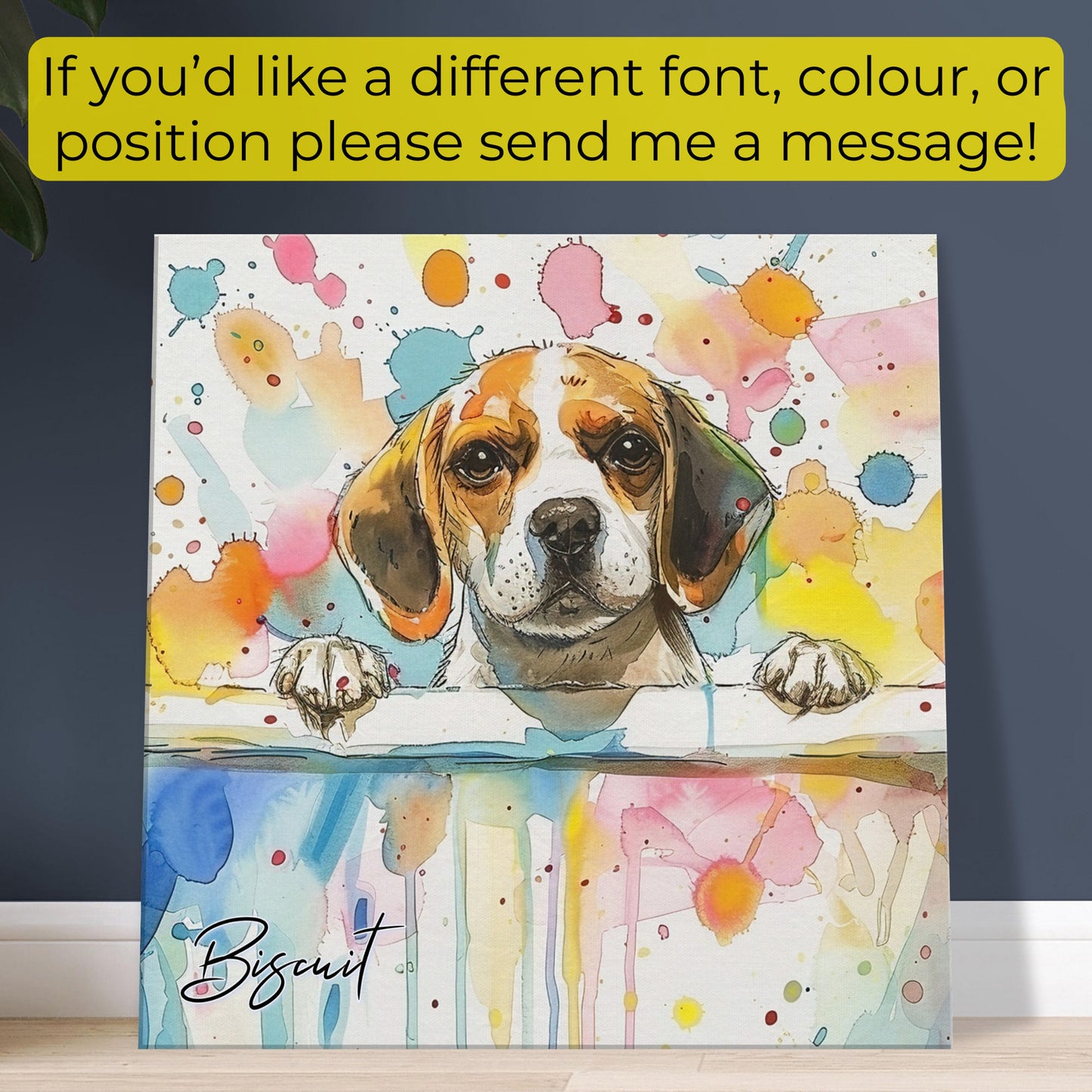 Personalised Beagle in the Bath Canvas Print. Custom Dog Name. Abstract Mom Dad Gift Rainbow Watercolour Pet Bathroom Paint Splash Painting - CanvasityCrafts - Free Shipping