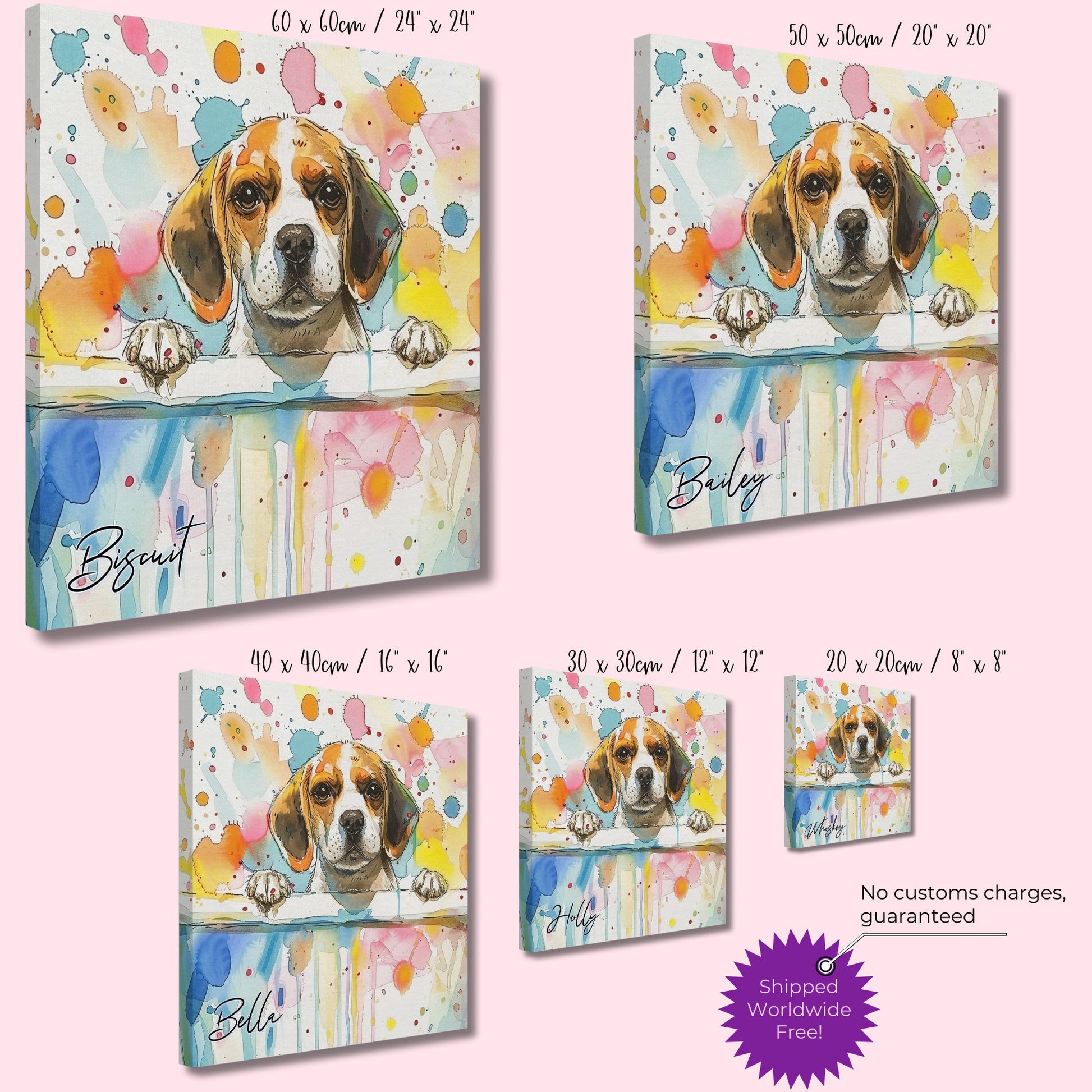 Personalised Beagle in the Bath Canvas Print. Custom Dog Name. Abstract Mom Dad Gift Rainbow Watercolour Pet Bathroom Paint Splash Painting - CanvasityCrafts - Free Shipping