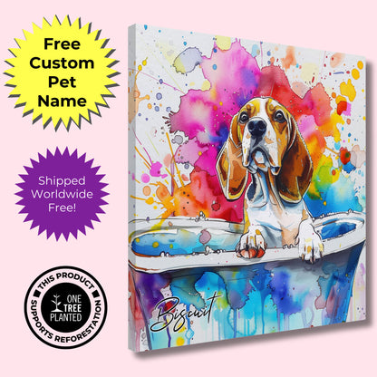 Personalised Beagle in the Bath Canvas Print. Custom Dog Name. Abstract Mom Dad Gift Rainbow Watercolour Pet Bathroom Paint Splash Painting - CanvasityCrafts - Free Shipping