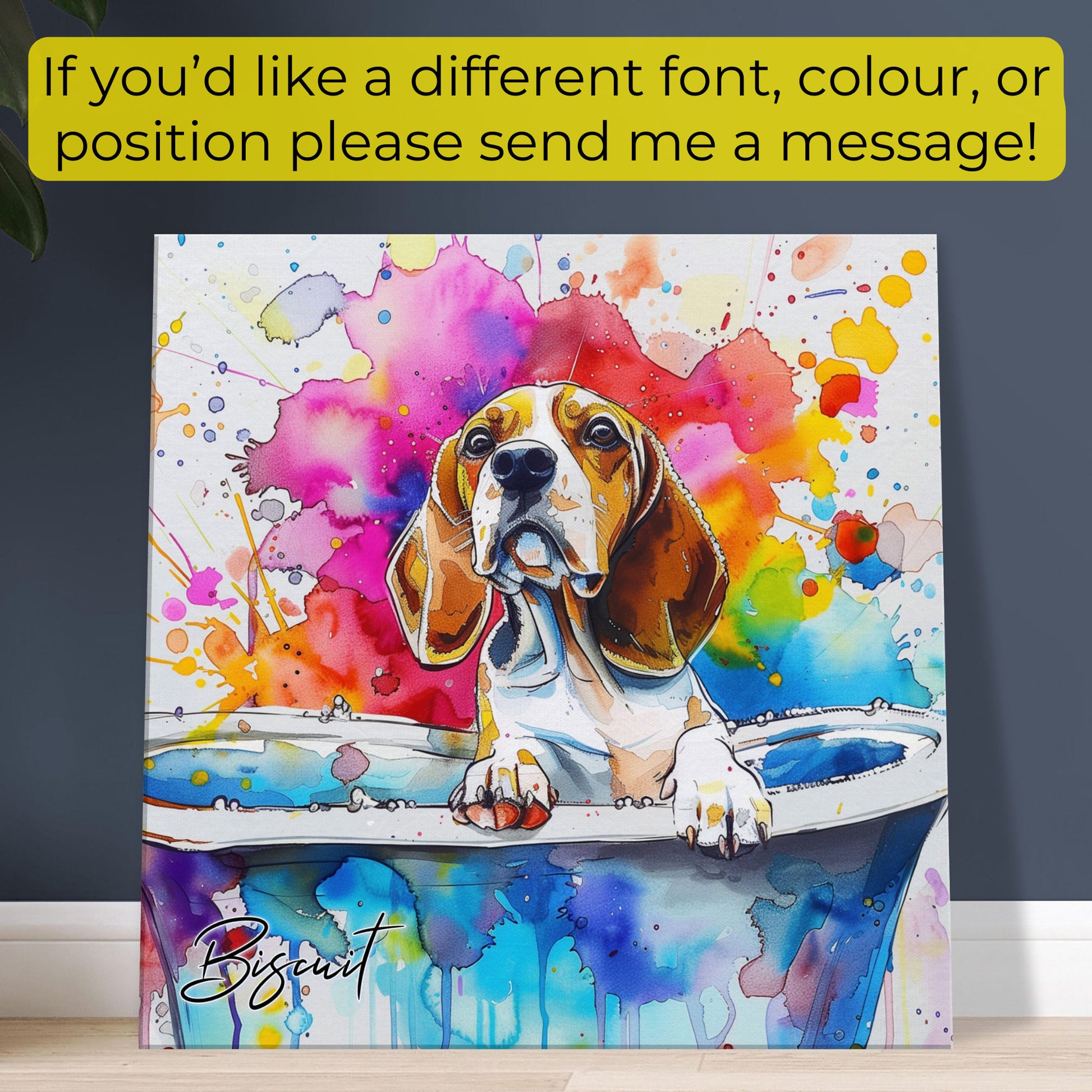 Personalised Beagle in the Bath Canvas Print. Custom Dog Name. Abstract Mom Dad Gift Rainbow Watercolour Pet Bathroom Paint Splash Painting - CanvasityCrafts - Free Shipping