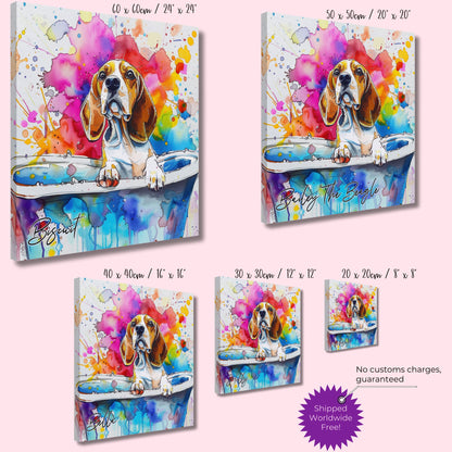 Personalised Beagle in the Bath Canvas Print. Custom Dog Name. Abstract Mom Dad Gift Rainbow Watercolour Pet Bathroom Paint Splash Painting - CanvasityCrafts - Free Shipping