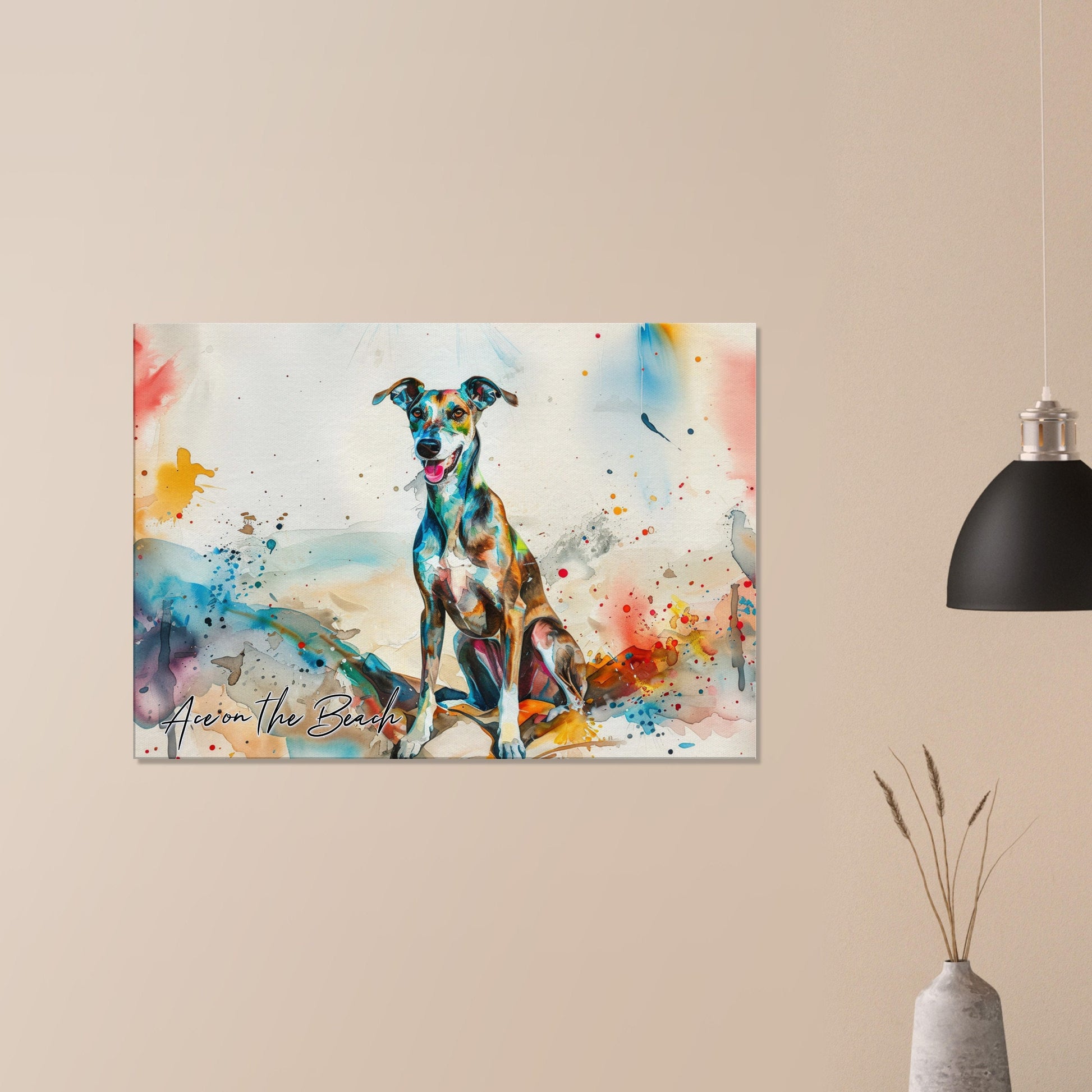 Personalised Greyhound at the Beach Canvas Print. Custom Dog Portrait Name, Mom Dad Gift, Rainbow Watercolour Memorial Paint Splash Painting - CanvasityCrafts - Free Shipping