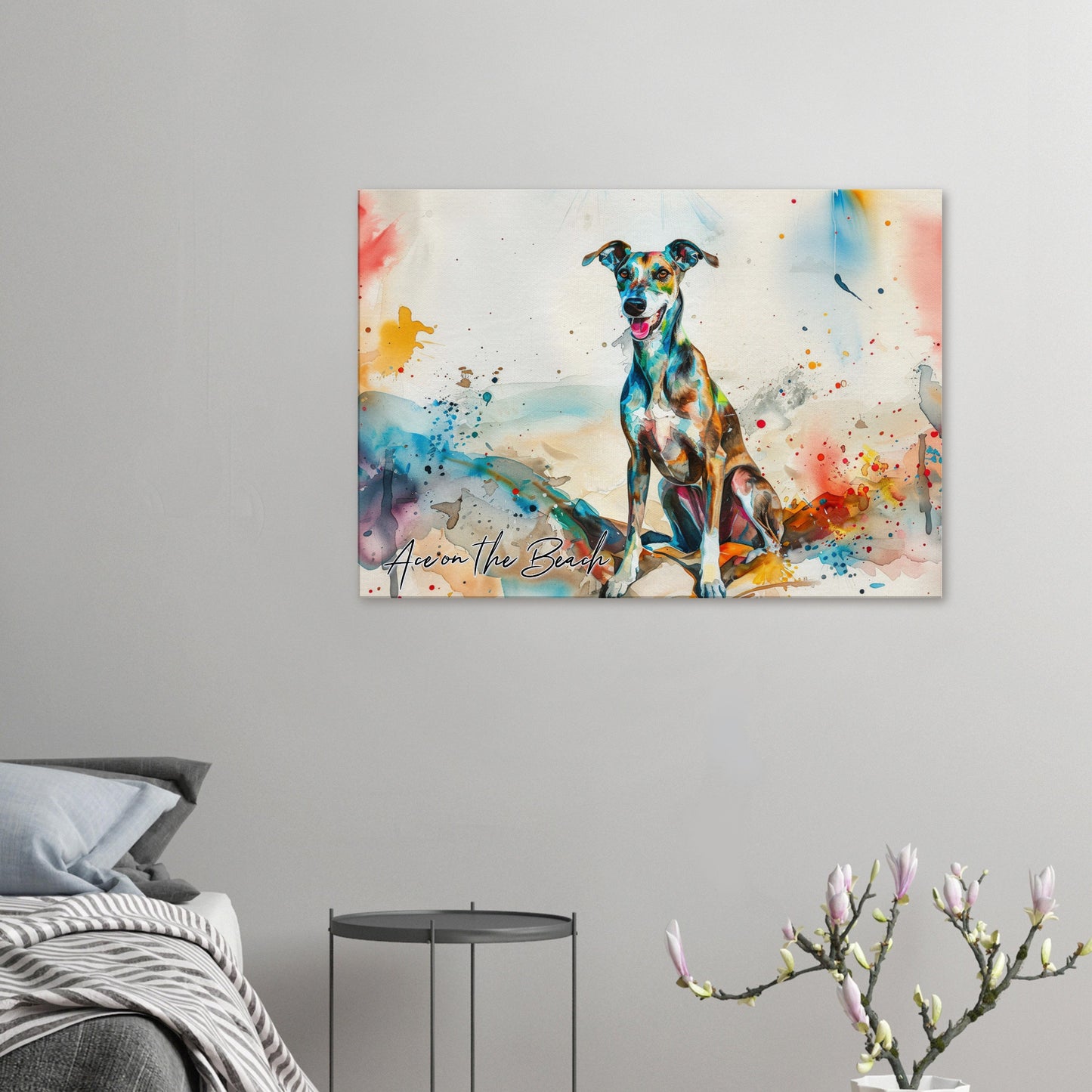 Personalised Greyhound at the Beach Canvas Print. Custom Dog Portrait Name, Mom Dad Gift, Rainbow Watercolour Memorial Paint Splash Painting - CanvasityCrafts - Free Shipping