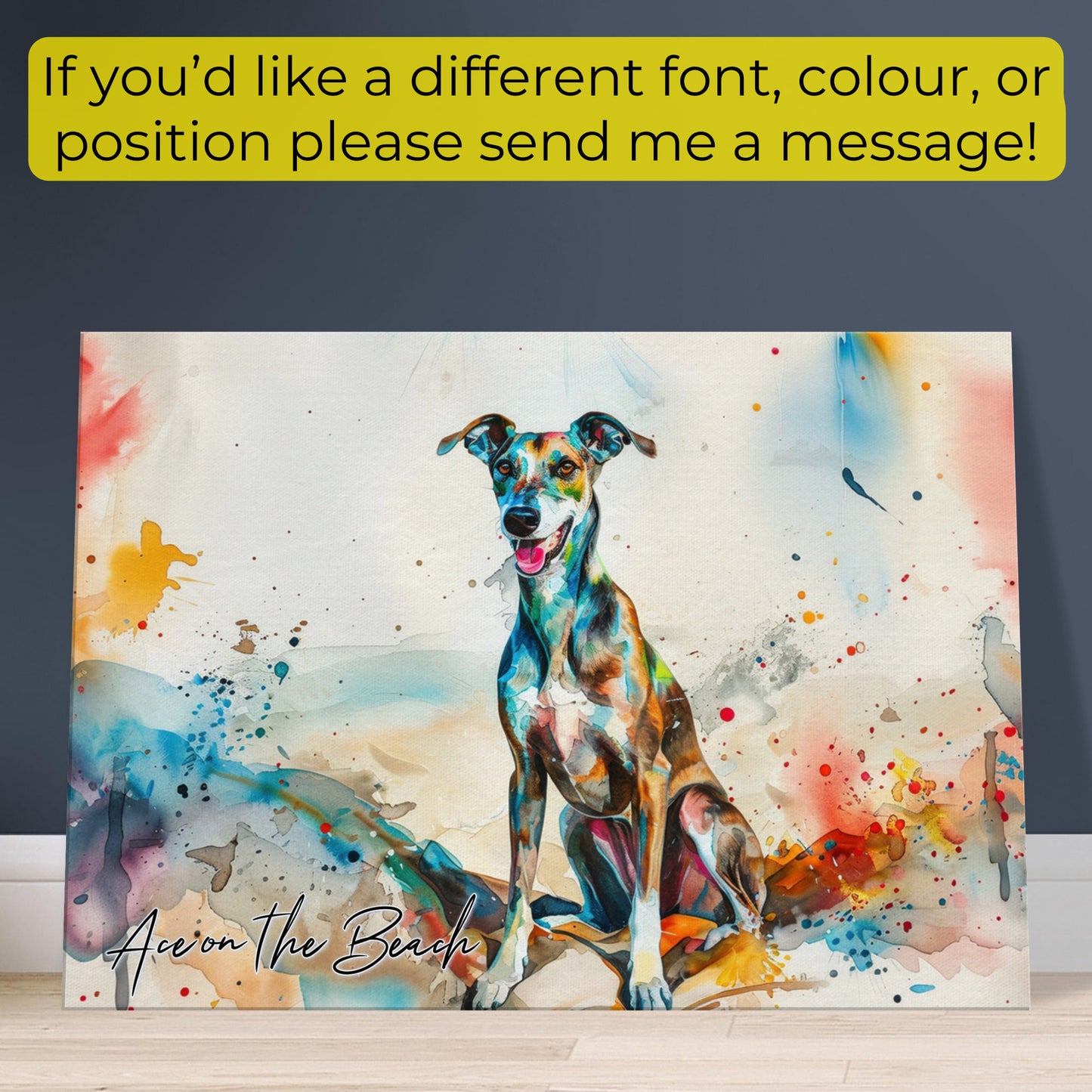 Personalised Greyhound at the Beach Canvas Print. Custom Dog Portrait Name, Mom Dad Gift, Rainbow Watercolour Memorial Paint Splash Painting - CanvasityCrafts - Free Shipping