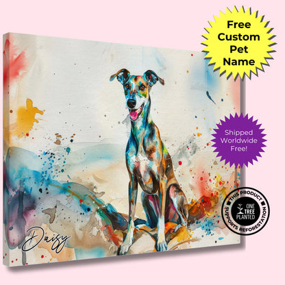 Personalised Greyhound at the Beach Canvas Print. Custom Dog Portrait Name, Mom Dad Gift, Rainbow Watercolour Memorial Paint Splash Painting - CanvasityCrafts - Free Shipping