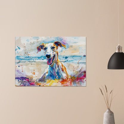 Personalised Greyhound at the Beach Canvas Print. Custom Dog Portrait Name, Mom Dad Gift, Rainbow Watercolour Memorial Paint Splash Painting - CanvasityCrafts - Free Shipping