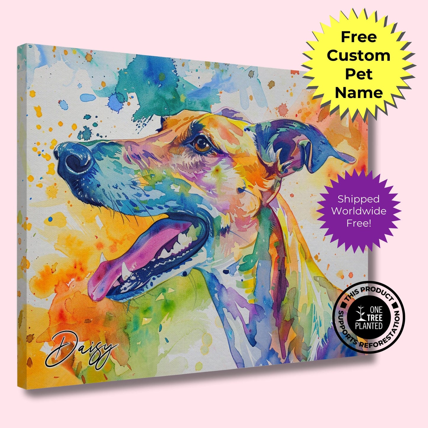 Personalised Greyhound Multicolour Canvas Print. Custom Dog Portrait Name, Mom Dad Gift, Rainbow Watercolour Memorial Paint Splash Painting - CanvasityCrafts - Free Shipping