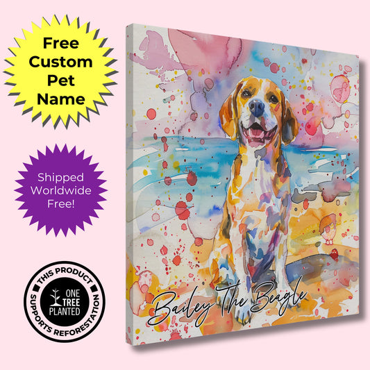 Beagle on the Beach Canvas Print. Custom Dog Name. Mom, Dad Gift, Rainbow Watercolour Pet Memorial, Paint Splash Painting, Happy Doggy! - CanvasityCrafts - Free Shipping