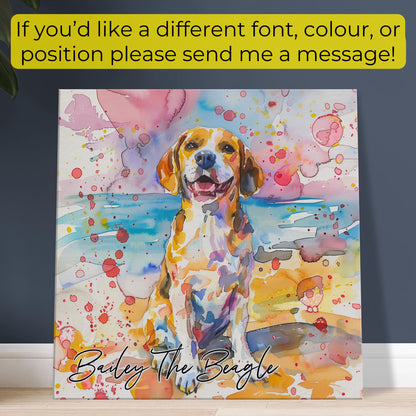 Beagle on the Beach Canvas Print. Custom Dog Name. Mom, Dad Gift, Rainbow Watercolour Pet Memorial, Paint Splash Painting, Happy Doggy! - CanvasityCrafts - Free Shipping