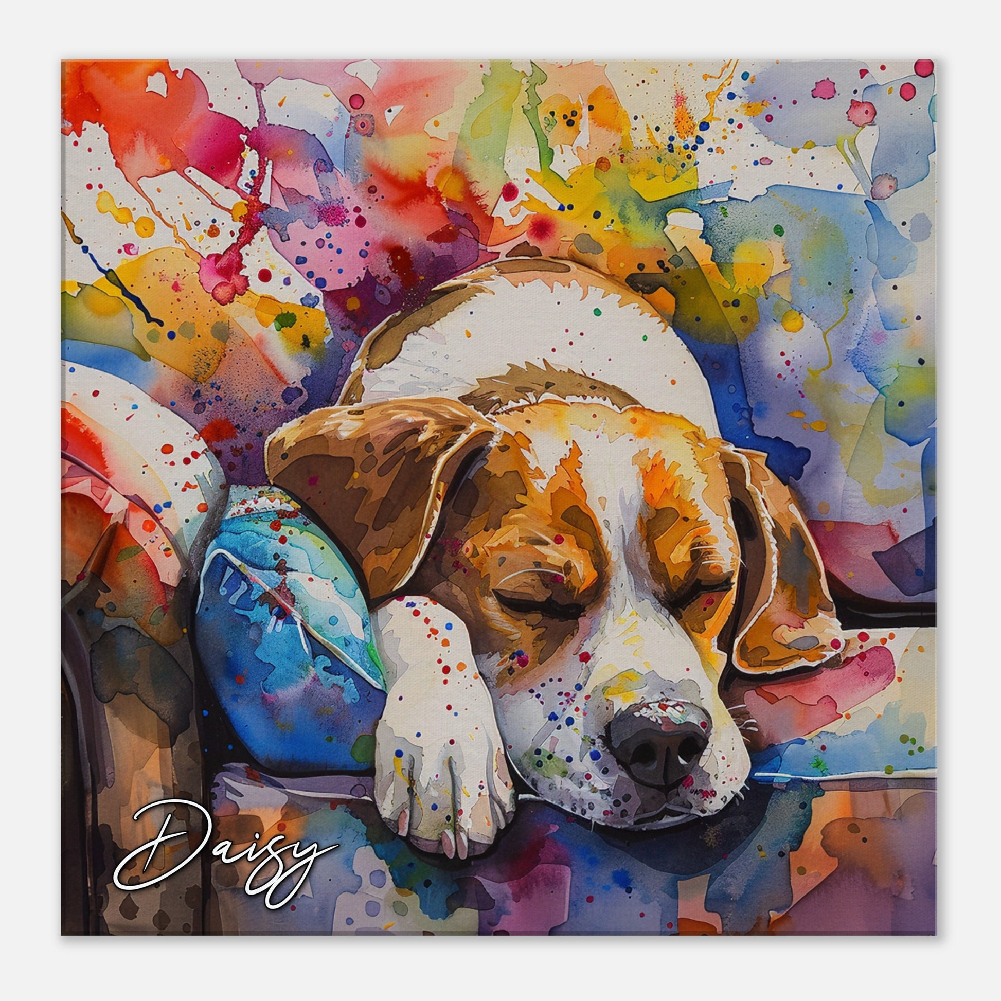 Sleepy Beagle Canvas Print. Custom Dog Name. Mom, Dad Gift, Rainbow Watercolour Sleeping Pet Memorial, Paint Splash Painting, Personized - CanvasityCrafts - Free Shipping