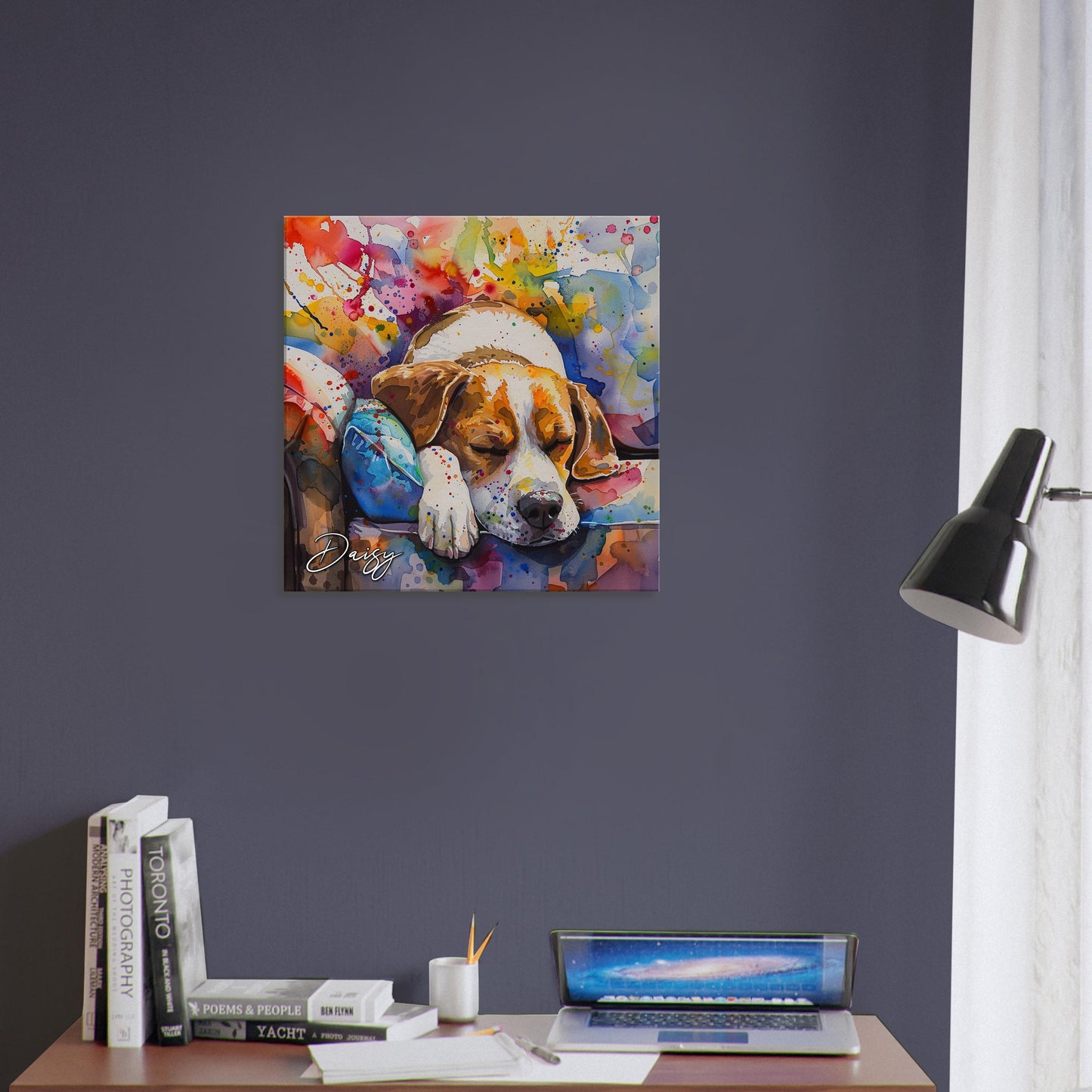 Sleepy Beagle Canvas Print. Custom Dog Name. Mom, Dad Gift, Rainbow Watercolour Sleeping Pet Memorial, Paint Splash Painting, Personized - CanvasityCrafts - Free Shipping