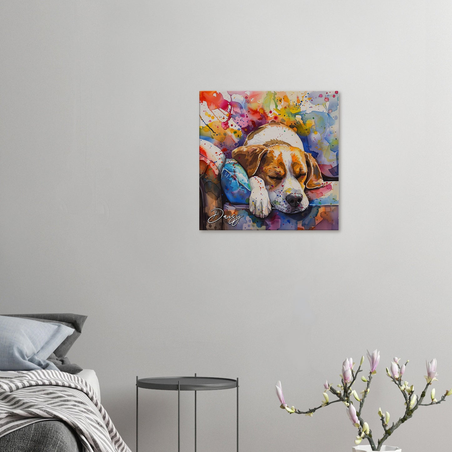 Sleepy Beagle Canvas Print. Custom Dog Name. Mom, Dad Gift, Rainbow Watercolour Sleeping Pet Memorial, Paint Splash Painting, Personized - CanvasityCrafts - Free Shipping