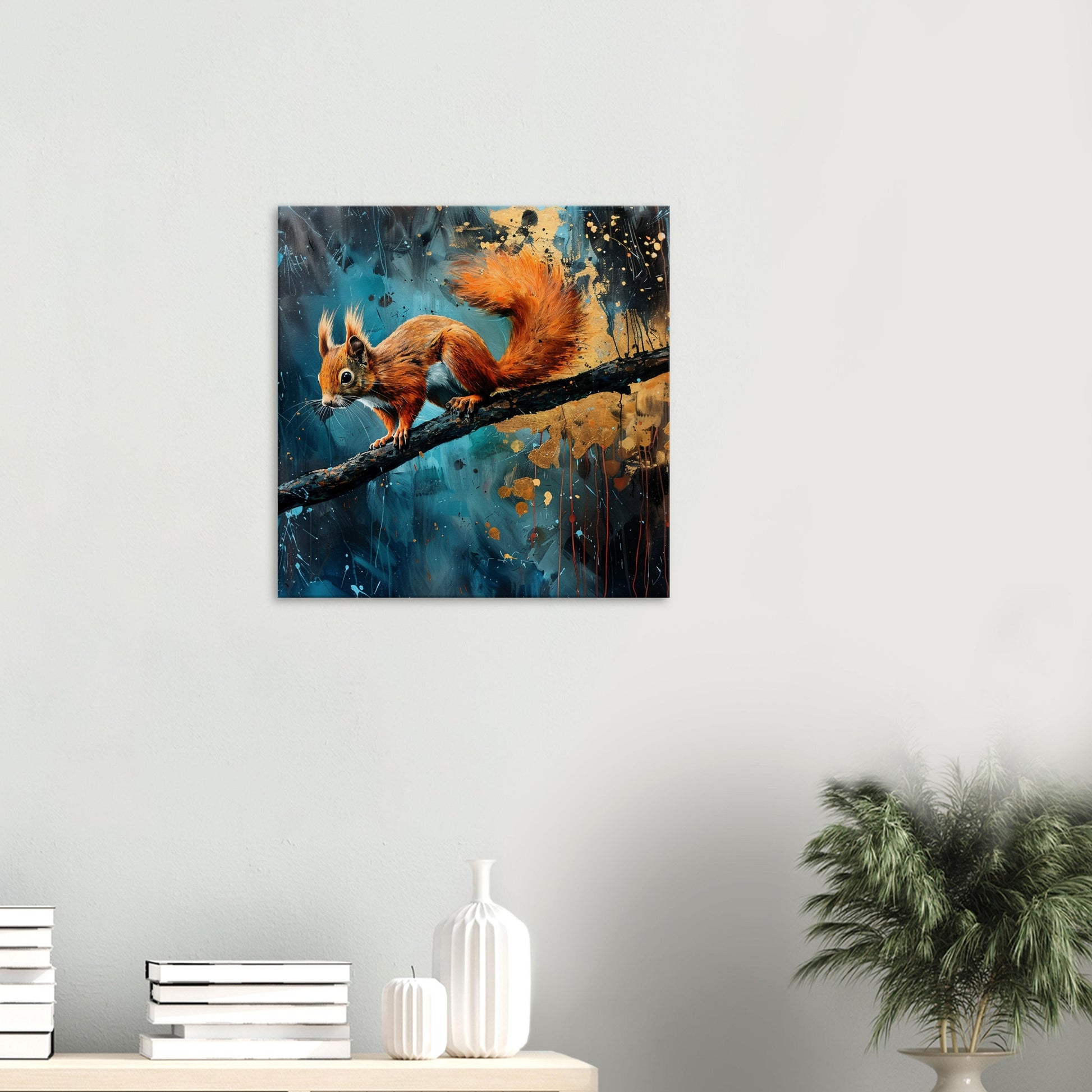 Red Squirrel Canvas Print. Oil Painting Modern Home Decor, Tree Wall Art Picture, Blue Orange Animal Painting, Nut Lover Gift - CanvasityCrafts - Free Shipping