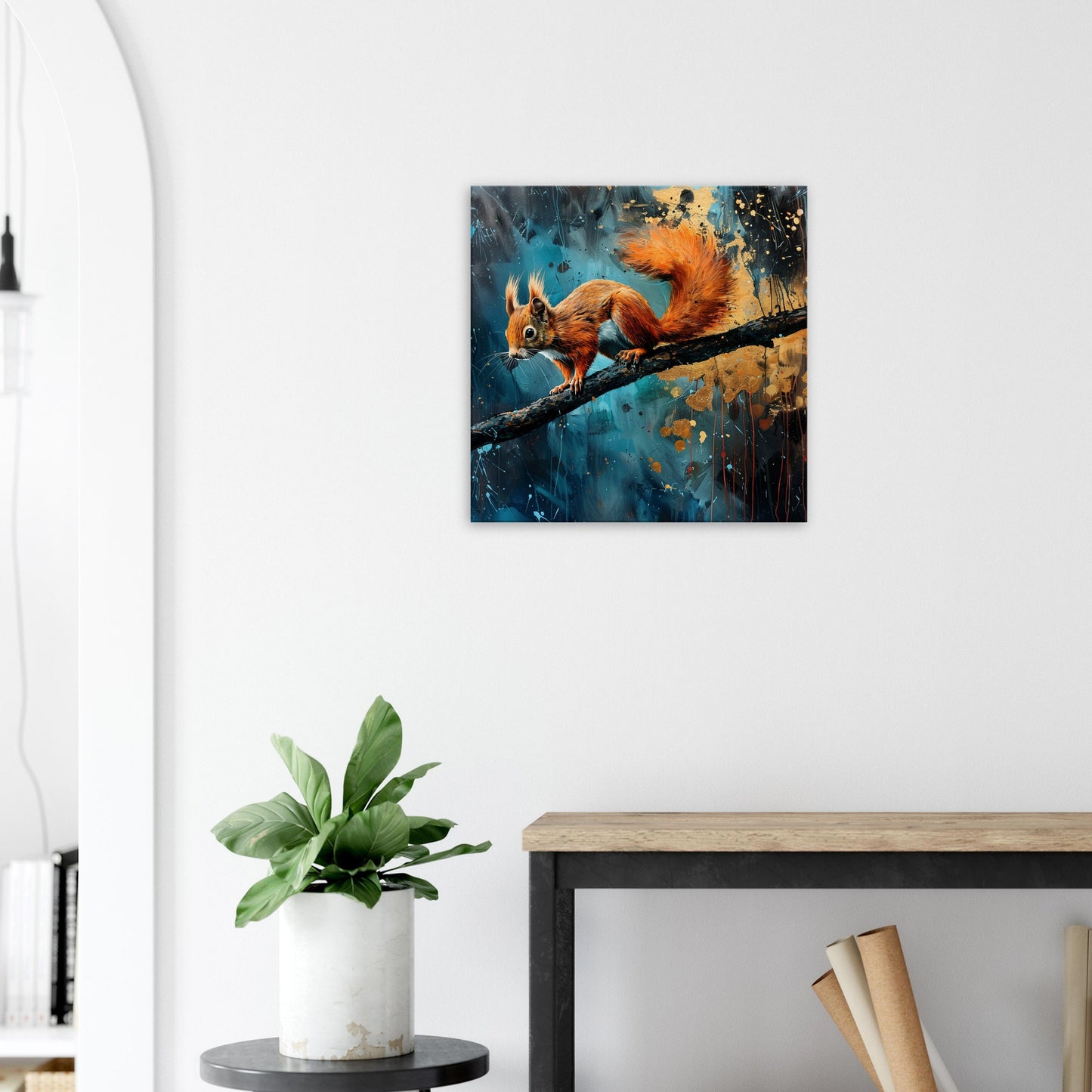 Red Squirrel Canvas Print. Oil Painting Modern Home Decor, Tree Wall Art Picture, Blue Orange Animal Painting, Nut Lover Gift - CanvasityCrafts - Free Shipping