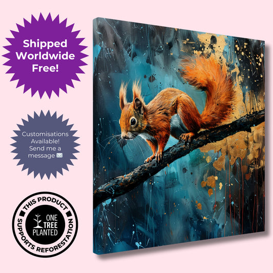 Red Squirrel Canvas Print. Oil Painting Modern Home Decor, Tree Wall Art Picture, Blue Orange Animal Painting, Nut Lover Gift - CanvasityCrafts - Free Shipping