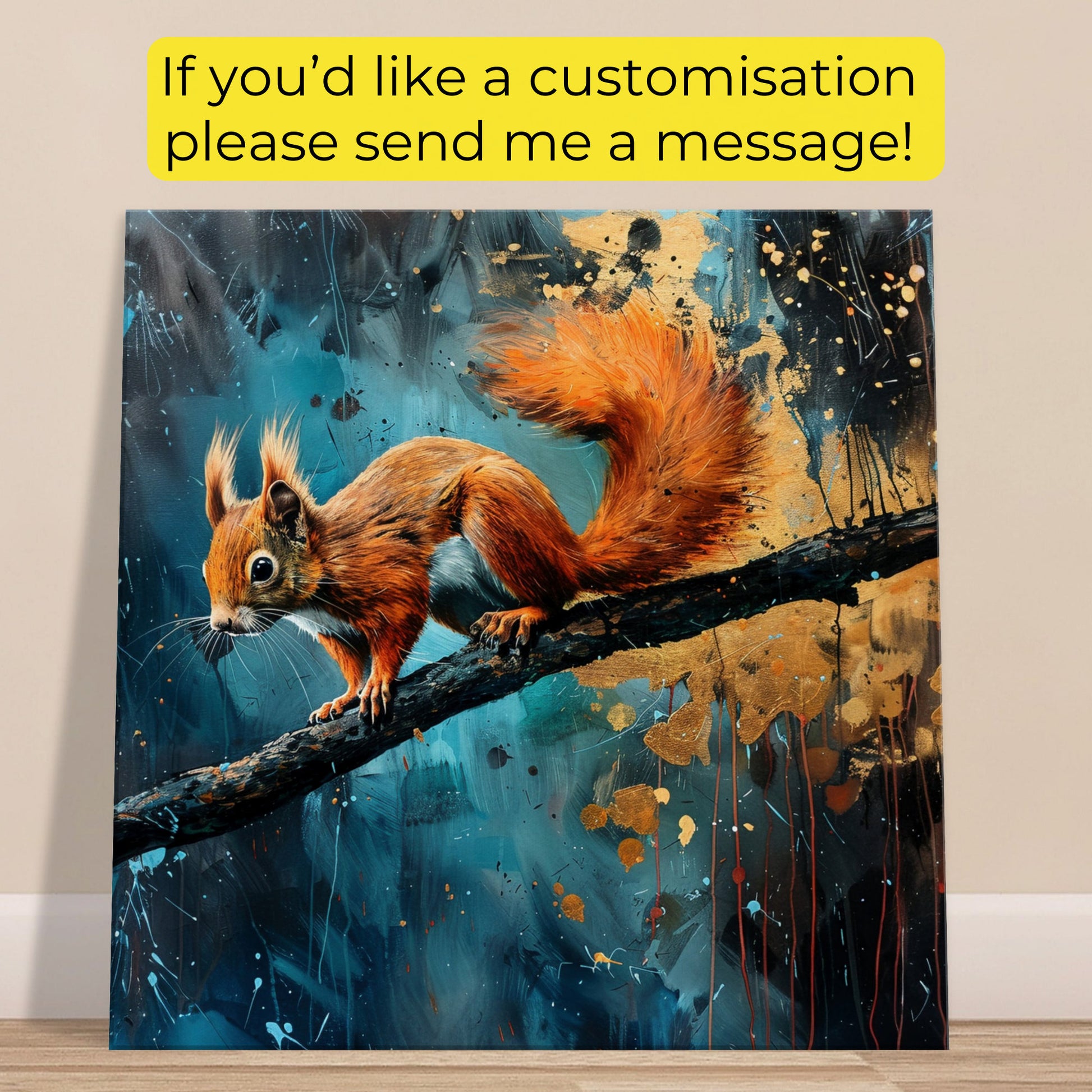 Red Squirrel Canvas Print. Oil Painting Modern Home Decor, Tree Wall Art Picture, Blue Orange Animal Painting, Nut Lover Gift - CanvasityCrafts - Free Shipping